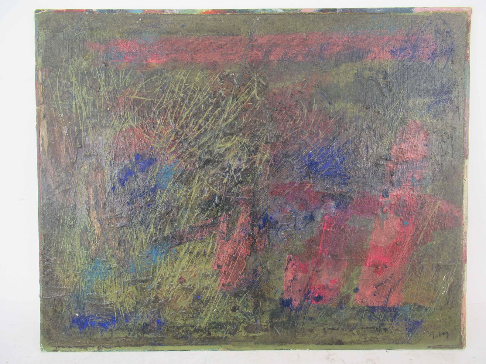 Modern Abstract Oil on Board: Modern Abstract Oil on Board. Appears to be signed Tobey on lower right. Possibly Mark Tobey. Used condition, wear, worn. 20" wide x 16" tall