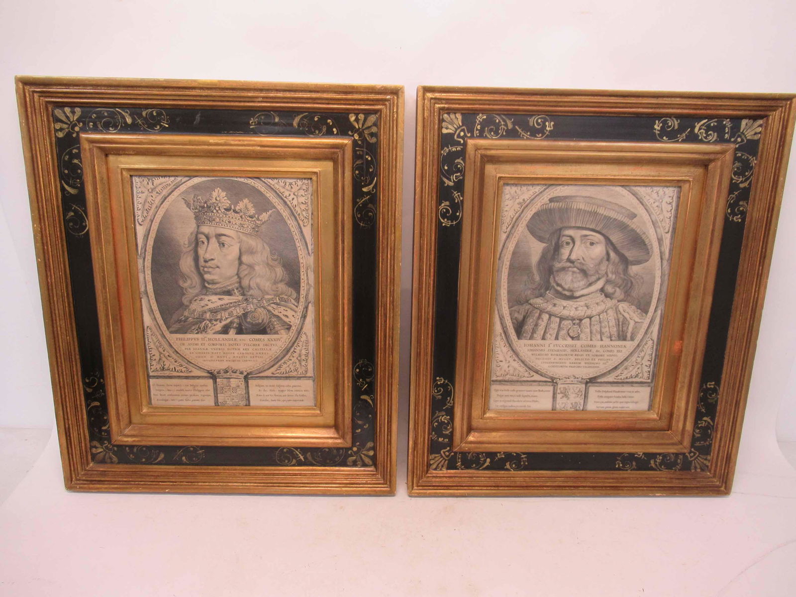 Two Framed Portrait Cornelis Visscher Engravings: Pair of Cornelis Visscher Engravings. Philip II King of Spain and Portugal, the other John of Avesnes count of Hinaut and Zeelend. Used condition, wear. worn, not examined out of frame. framed size 25