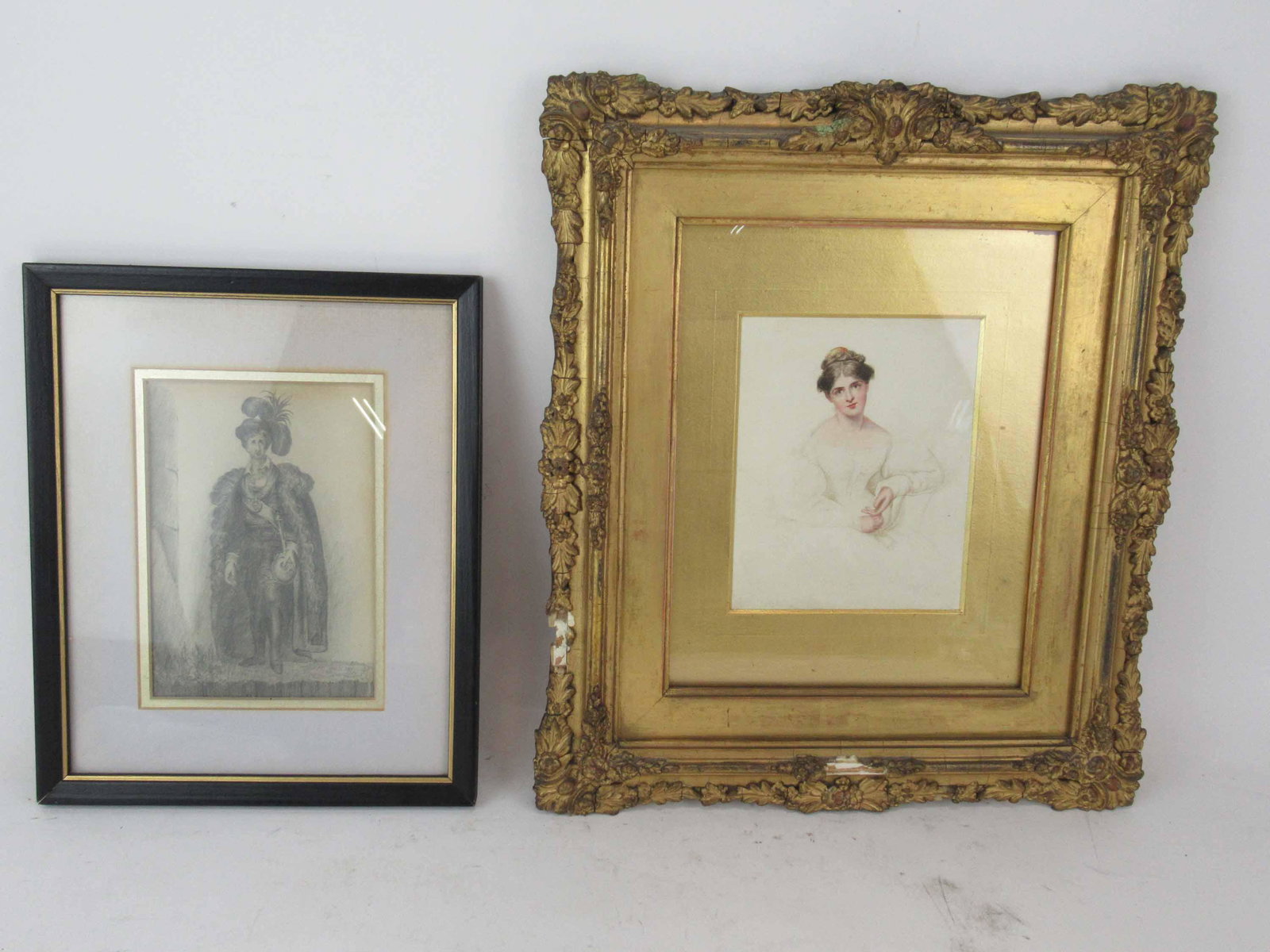 Pencil Sketching of John Philip Kemble as Hamlet: Pencil Sketching of John Philip Kemble as Hamlet, together with a mixed media portrait drawing of woman in white. Used condition, wear, worn, not examine out of frame. Largest framed size 14 3/4" x 13