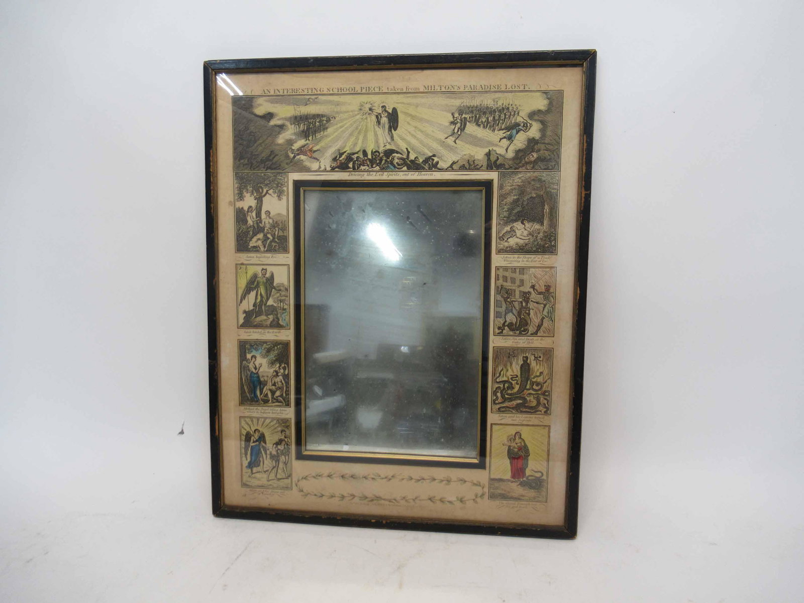 Antique Laurie and Wittle Hand Colored Engraving: Antique Laurie and Wittle Hand Colored Engraving with central mirror. Titled An interesting School Piece, taken from Milton's Paradise Lost. Published Nov 1801 by Laurie and Whittle 53 Fleet Street Lo