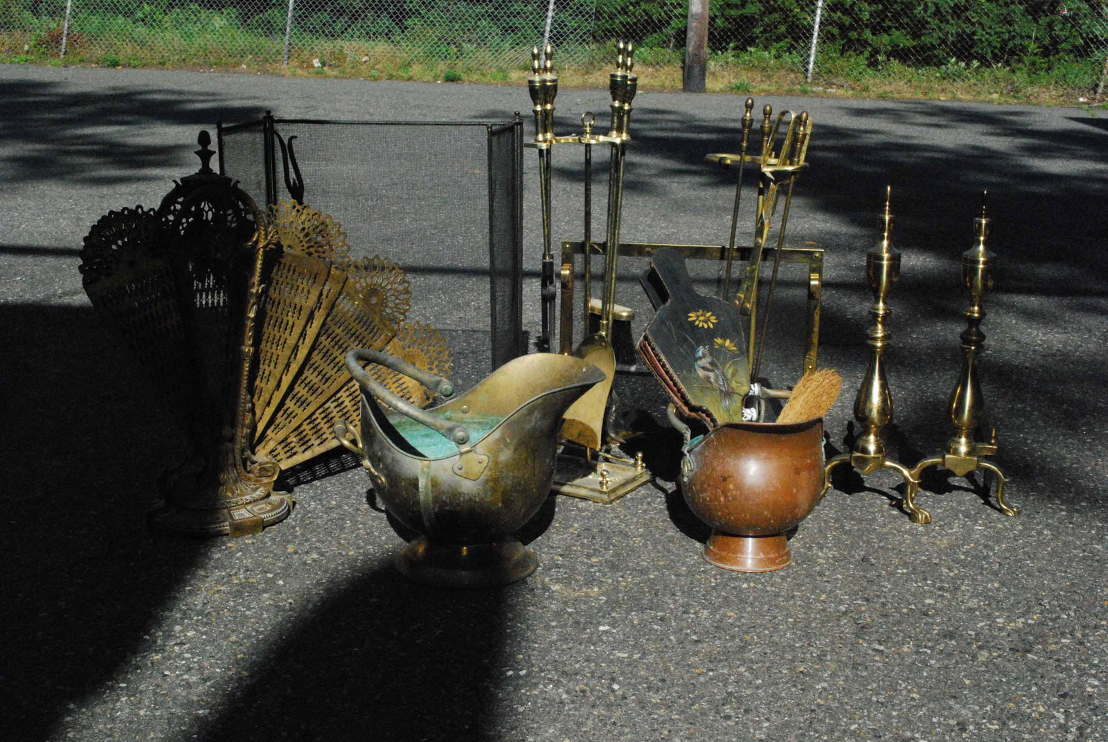 Group of Assorted Brass Fireplace Tools: Group of Assorted Brass Fireplace Tools. Including a Victorian Style Fan Screen, fire tools and andirons. Used condition, wear, worn, surface distress, one handle broken.