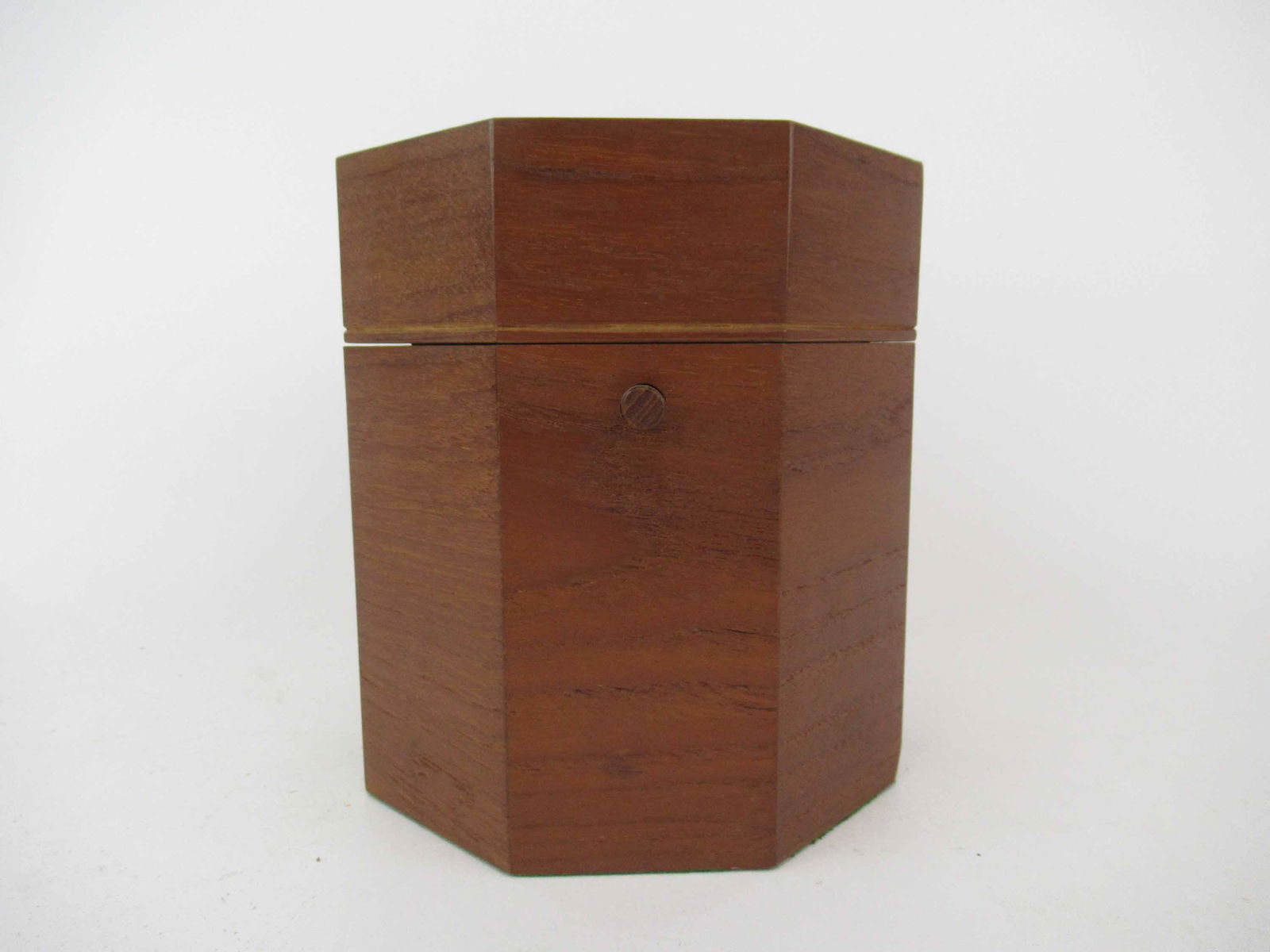 Octagonal Cigar Tobacco Humidor: Octagonal Cigar Tobacco Humidor with button closure and aluminum inner casing, stamped PAT. 2052826, attributed to Alfred Dunhill, London; used condition, wear/worn, small nick on edge, measures 6 1/2