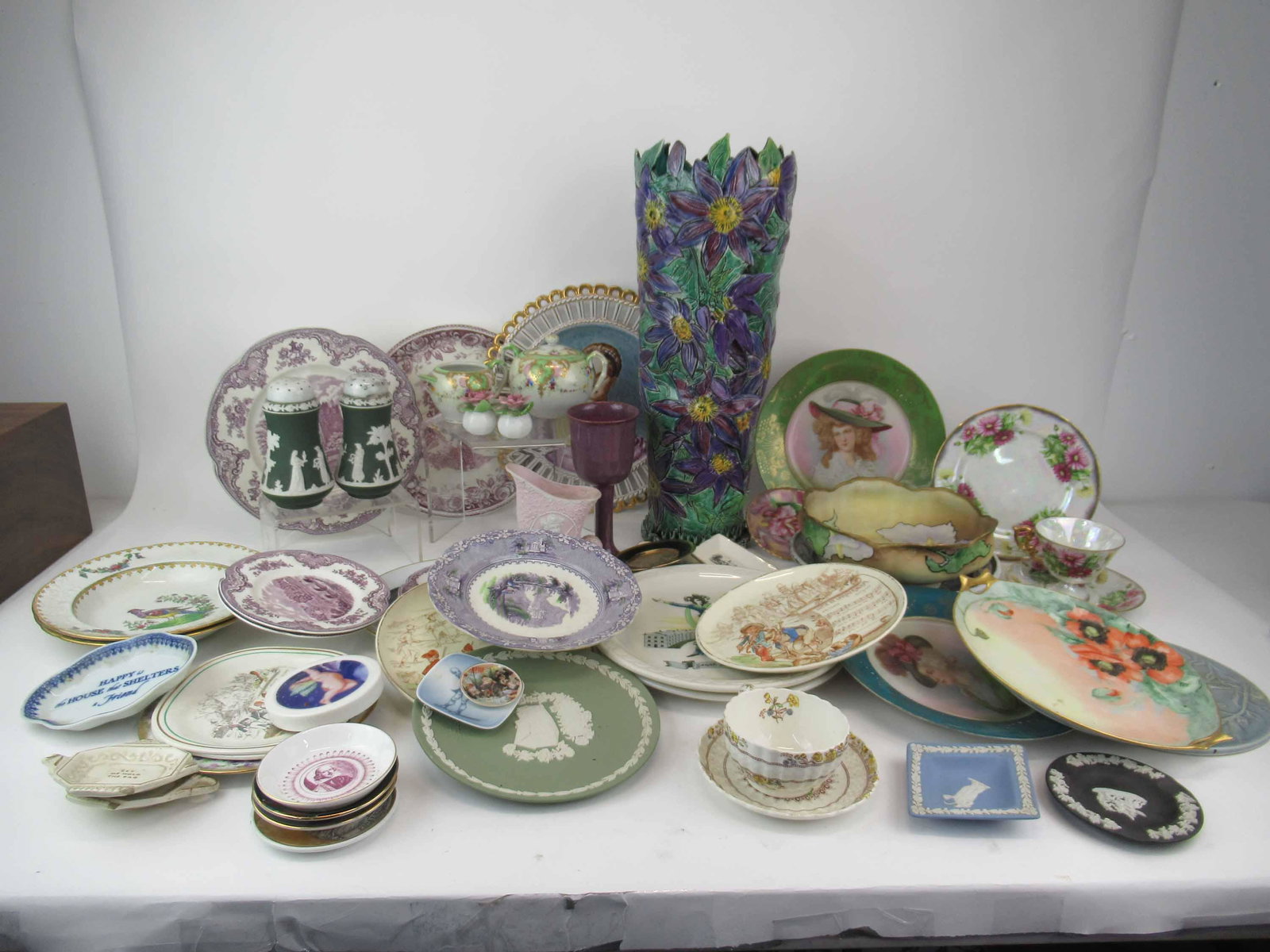 Group of Assorted Porcelain Table Articles: Group of Assorted Porcelain Table Articles. Including Wedgwood, Spode, Transferware, Euclid Garden Party Vase and Nippon. Used condition, wear, worn, chips, hairlines.