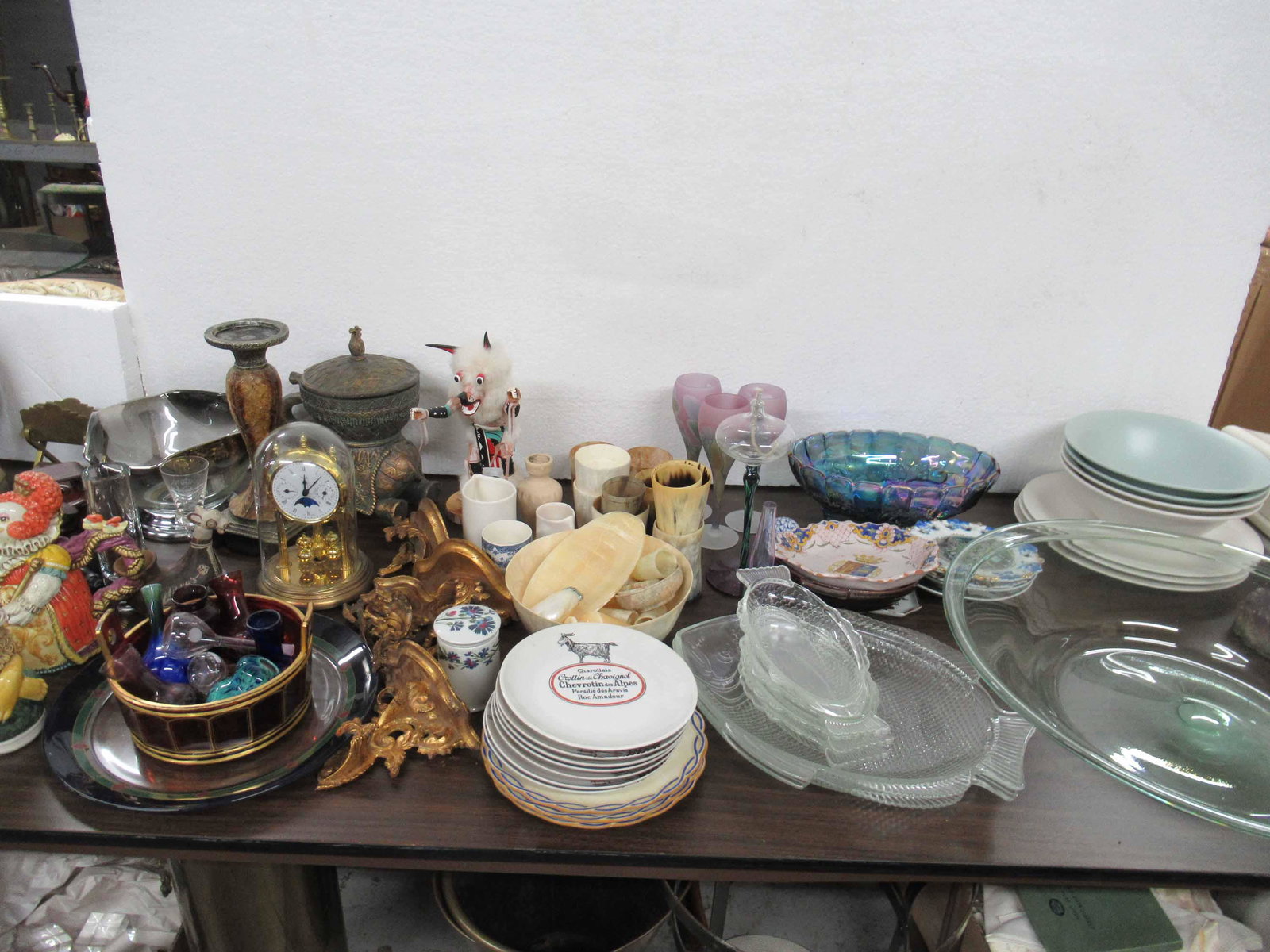 Group of Assorted Table Articles: Group of Assorted Table Articles including decorative carved wooden items and other decorative articles, various vessels and glass decorative articles and trays, various pottery, decorative displaying
