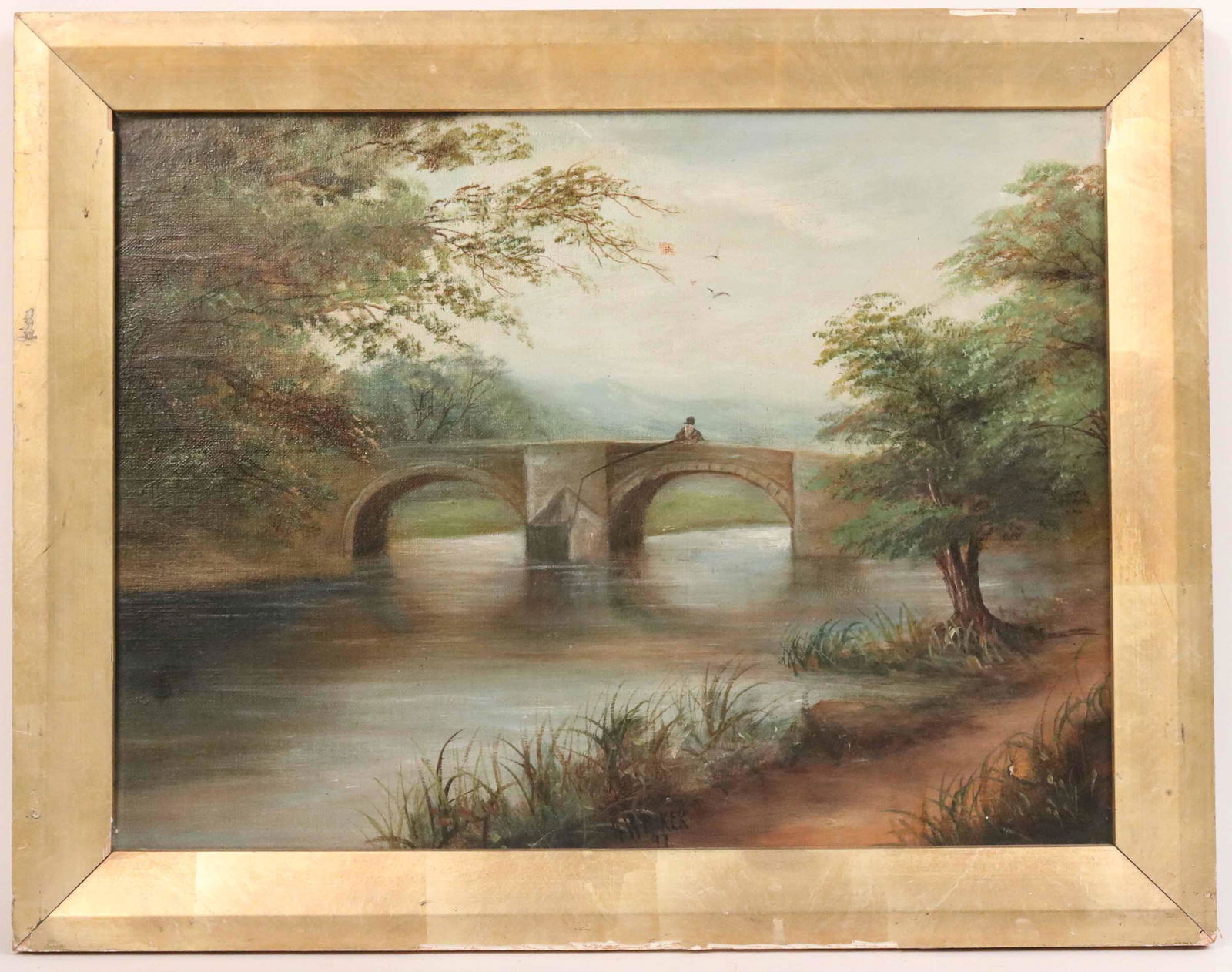 Oil on Canvas, "Fishing off a Bridge" A.W. Baker (1 of 7)