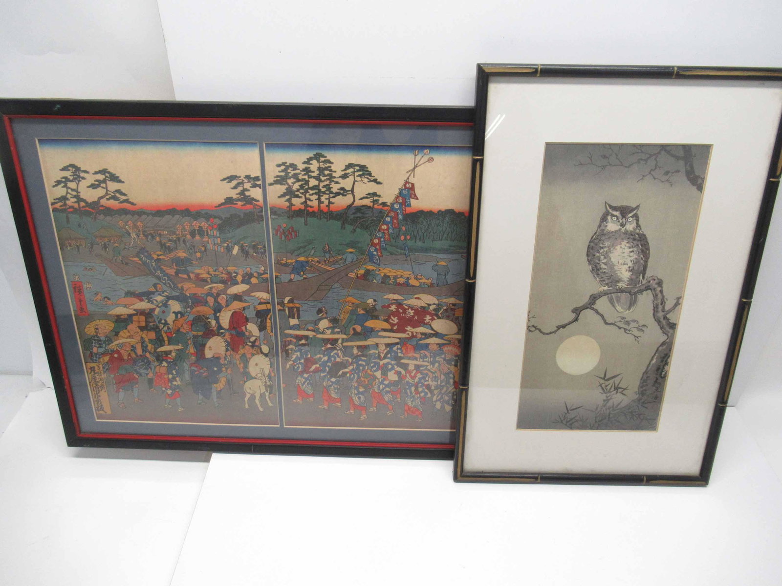 Tsuchiya Koitsu Woodblock Print of an Owl: Tsuchiya Koitsu Woodblock Print of an Owl Before the Full Moon, Together with a Hiroshige Triptych style print, not a woodblock. Used condition. Framed sizes are Owl 19 1/2" x 12 3/4" and 17 1/2" x 32