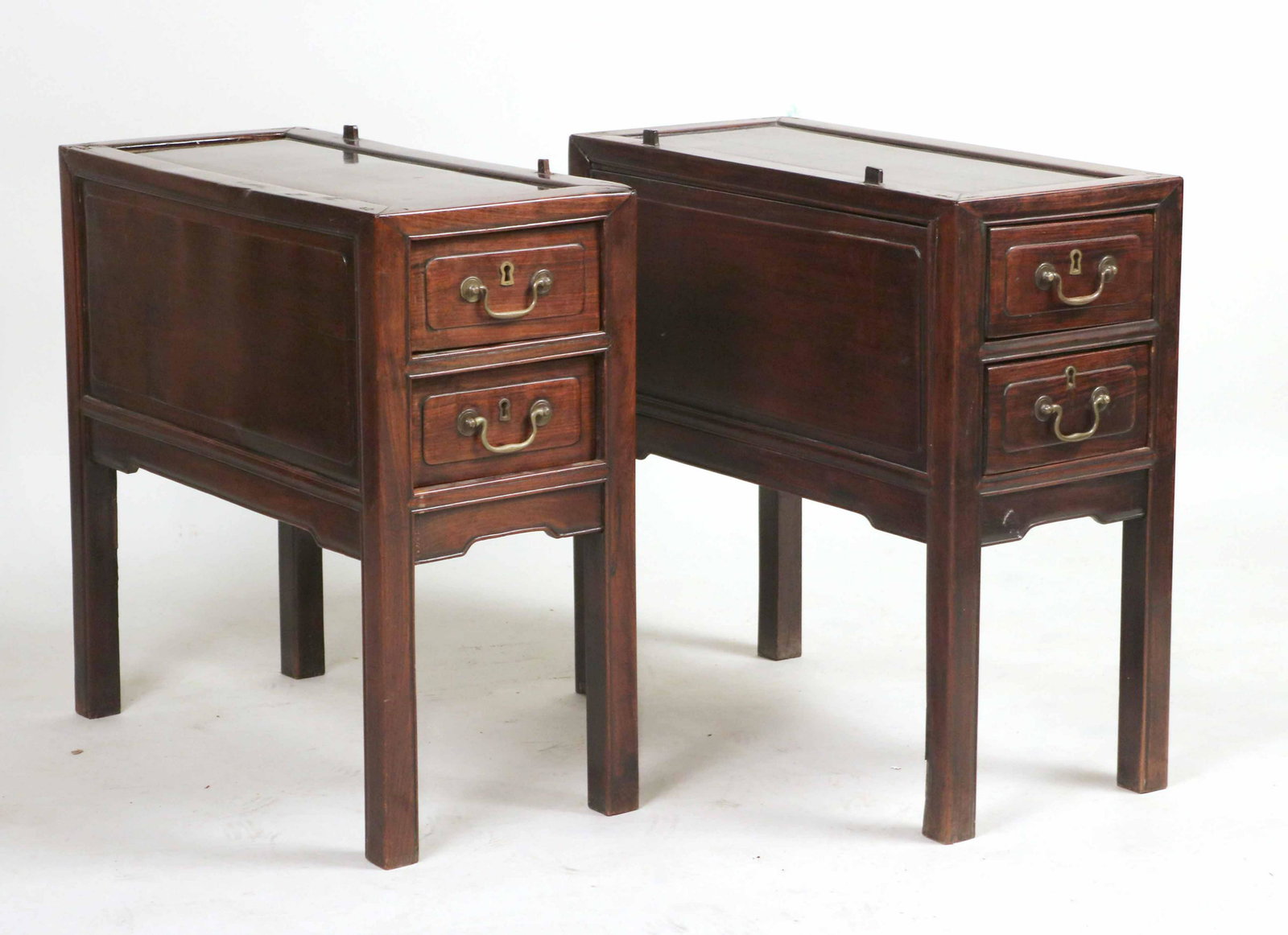 Pair of Chinese Hardwood Two Drawer Stands: Possibly lacking tops. 25"h x 25-1/2"w x 12"d