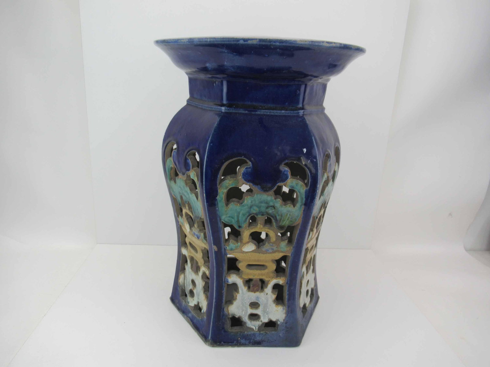 Asian Style Earthenware Garden Seat: Asian Style Earthenware Garden Seat. Used condition, wear, worn, surface distress. 19 1/2" tall x 13 1/2" diameter.