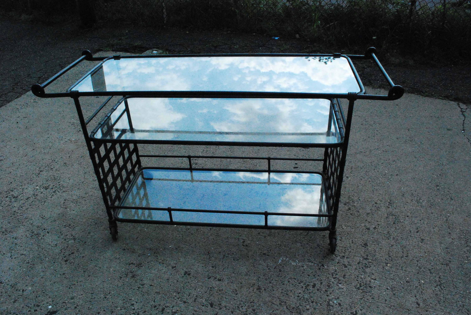 Iron Outdoor 3 Glass Tier Patio Cart: Iron Outdoor 3 Glass Tier Patio Cart. Used condition, wear, worn, surface distress. 34" tall x 19 1/2" wide x 60" long.