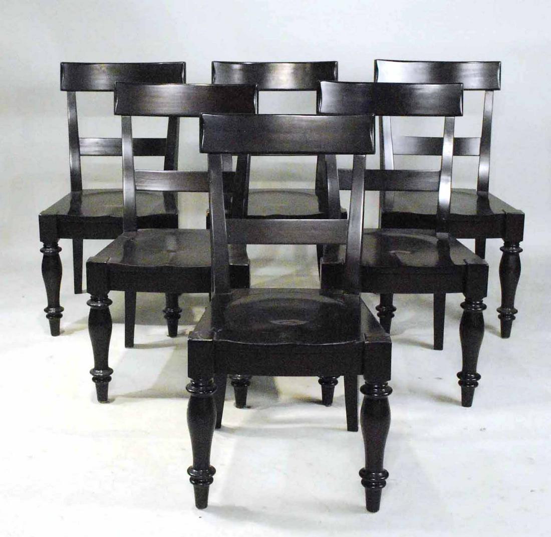 Six Pottery Barn Dining Chairs: Six Pottery Barn Dark Stained Dining Chairs. Some wear and distress. 36-1/2"h x 19-1/2"w x 18-1/2"d