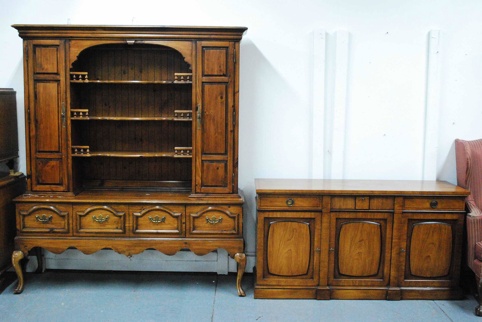 Thomasville Welch Style Open Hutch Cabinet: Thomasville Welch Style Open Hutch Cabinet. Together with a fruitwood sideboard cabinet. Used condition, wear, worn, nicks, chips, scratches.
