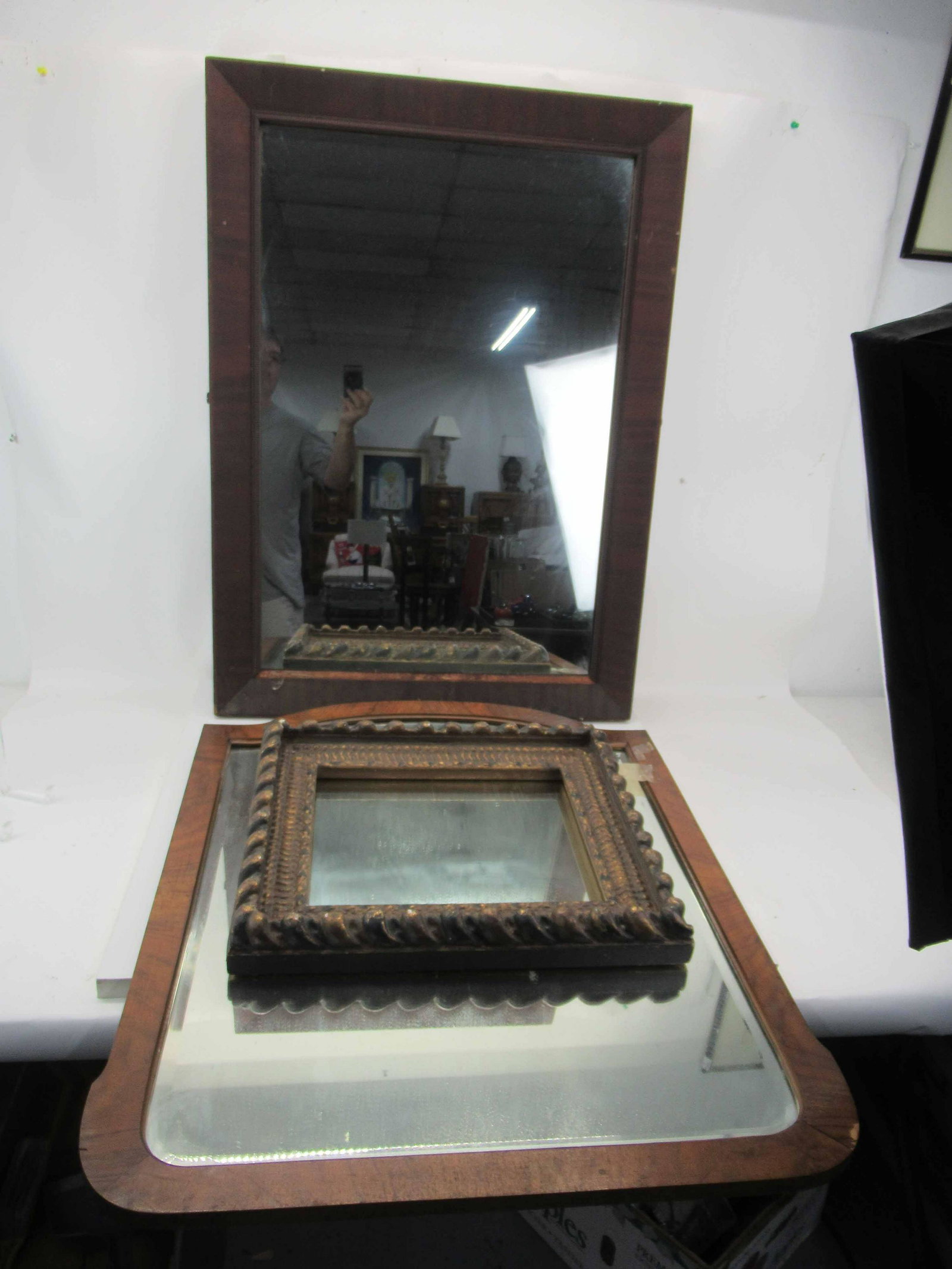 Mahogany Ogee Vanity Mirror: Mahogany Ogee Vanity Mirror together with a maple vanity mirror and a picture frame; used condition, wear/worn, surface distress, missing veneer