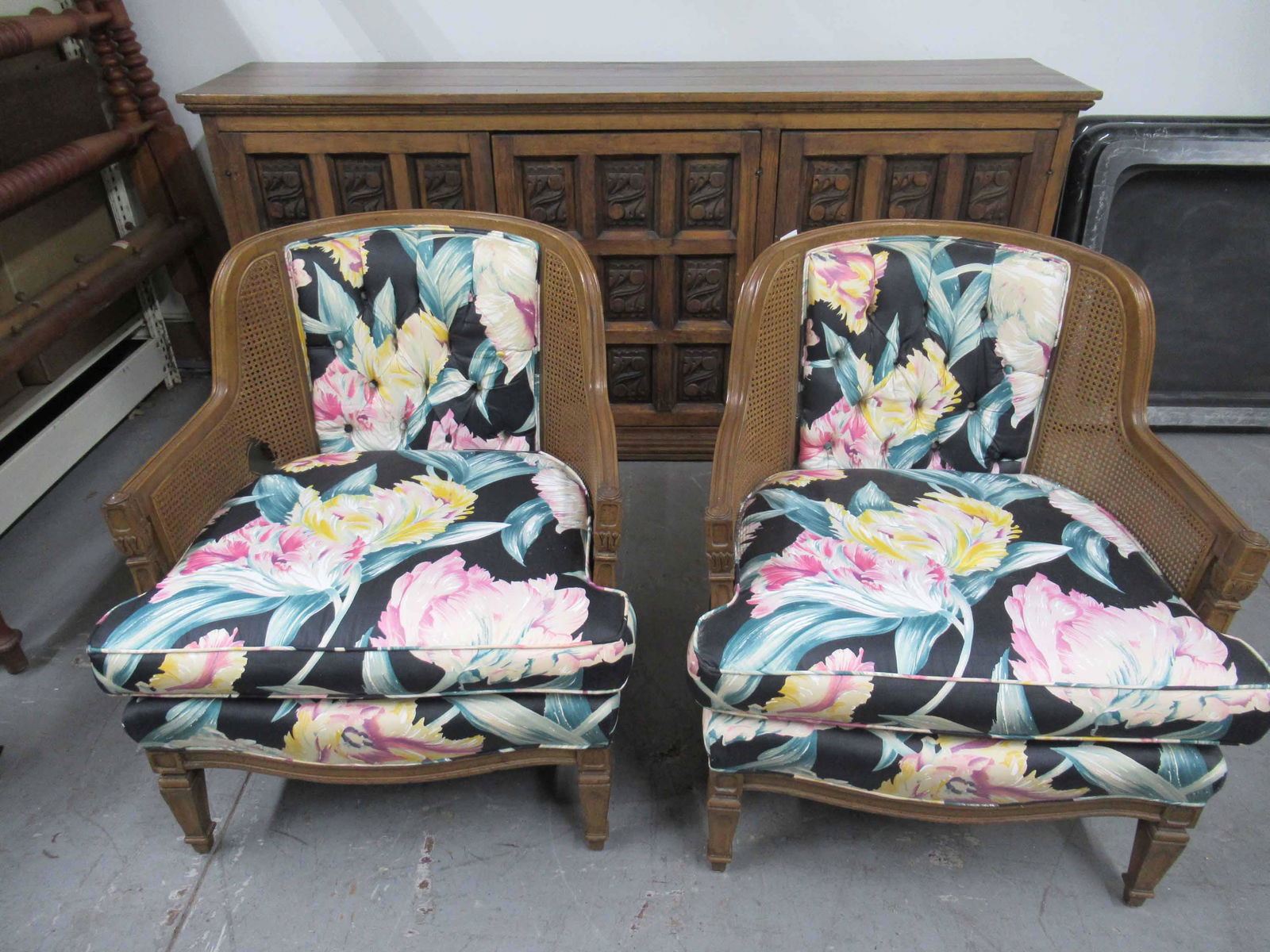 Pair of Provincial Caned Barrel Chairs: Pair of Provincial Caned Barrel Chairs. Used condition, wear, worn, breaks to caning, nicks, scratches. 30 1/2" tall x 28" wide