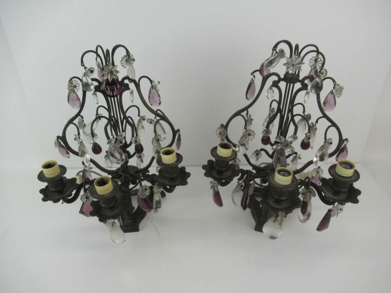 Antique Bronze Pair of 3 Light Table Sconces (1 of 8)