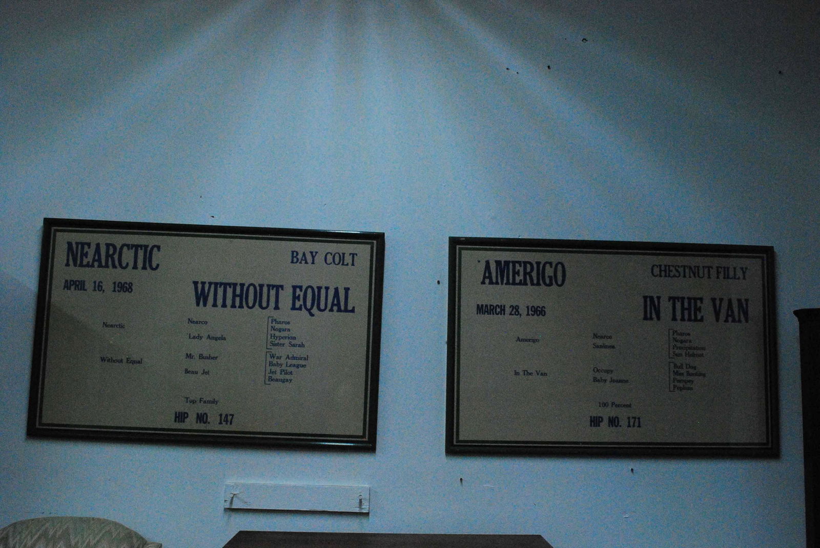 Two Horse Breeding Family Lineage Posters: Two Horse Breeding Family Lineage Posters one of lineage for Amerigo and In The Van, Chestnut Filly March 28, 1966. the other for Nearctic and Without Equal, Bay Colt April 16, 1968. Used condition, w