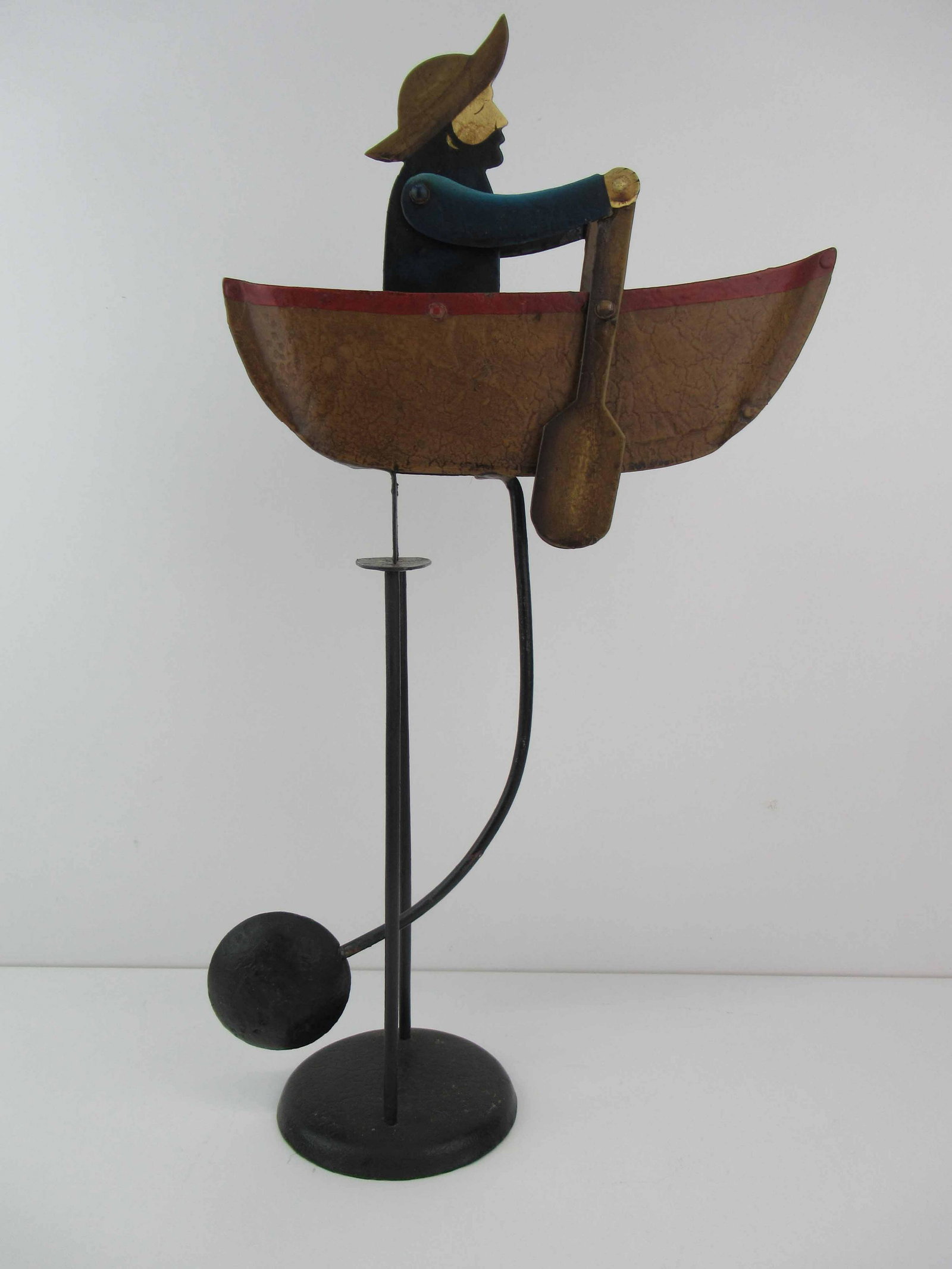 Painted Nautical Metal Rowboat Whirligig: Painted Nautical Metal Rowboat Whirligig, used condition, wear/worn, measures 17 3/4" high x 10 3/4" long x 4" wide