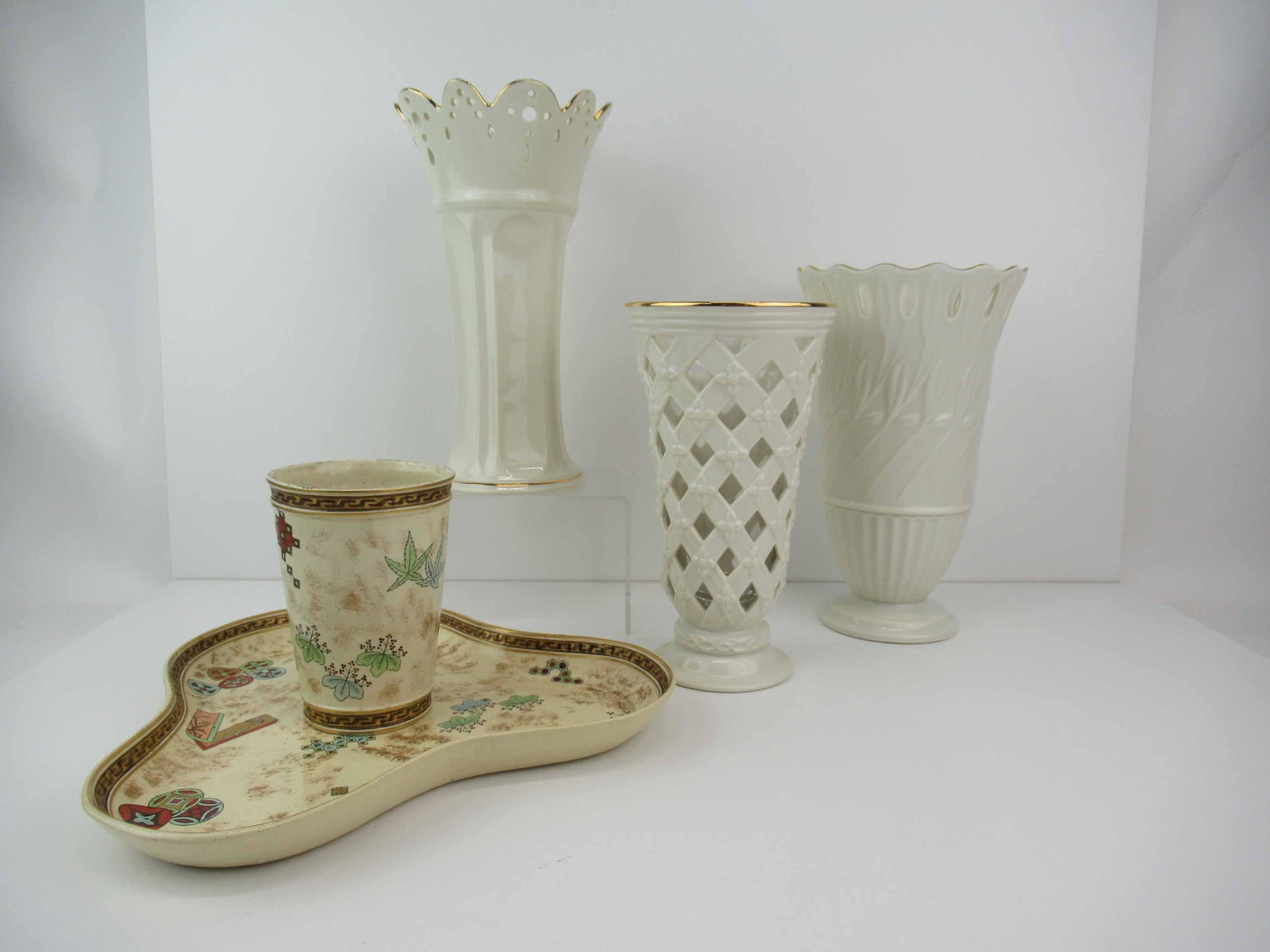 Royal Worcester Aesthetic Tray & Tumbler: Royal Worcester Aesthetic Porcelain Tray & Tumbler, c.1879 together with three Lenox porcelain vases. Used condition, wear/worn, paint loss, dirty; tray measures 11" long x 10 1/2" wide