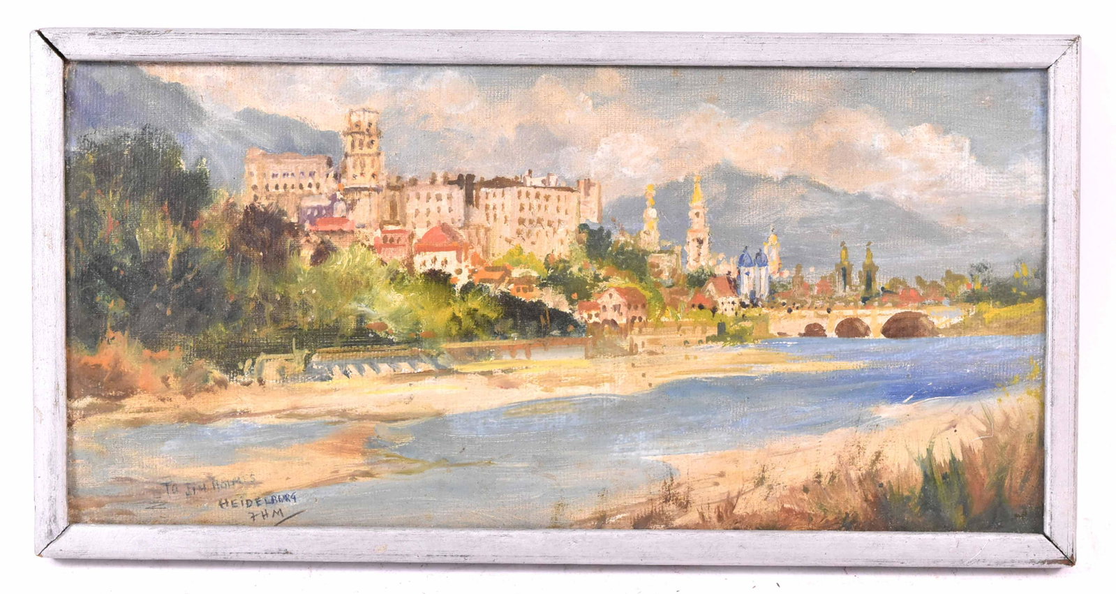 Oil on Board, European Coastal City, Heidelburg: Signed l.r. in pen "To Jim Holmes, Heidelburg, FHM." Sight size: 5-3/4"h x 12"w