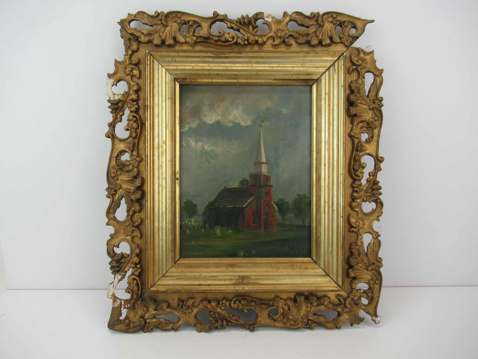 Oil on Canvas Red Church signed S W Applegate (1 of 6)