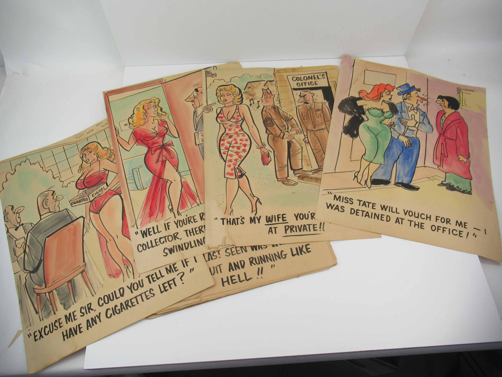 Group of 23 Assorted 1950s Satire Cartoons: Group of 23 Assorted 1950s Satire Cartoons. Used condition, wear, worn, tears, stains. Approx size 19" x 15"