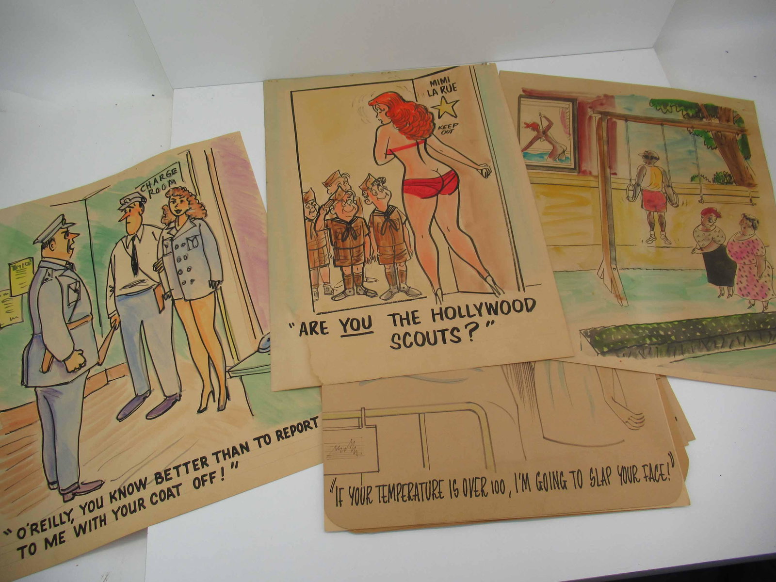 Group of 23 Assorted 1950s Satire Cartoons: Group of 23 Assorted 1950s Satire Cartoons. Used condition, wear, worn, tears, stains. Approx size 19" x 15"