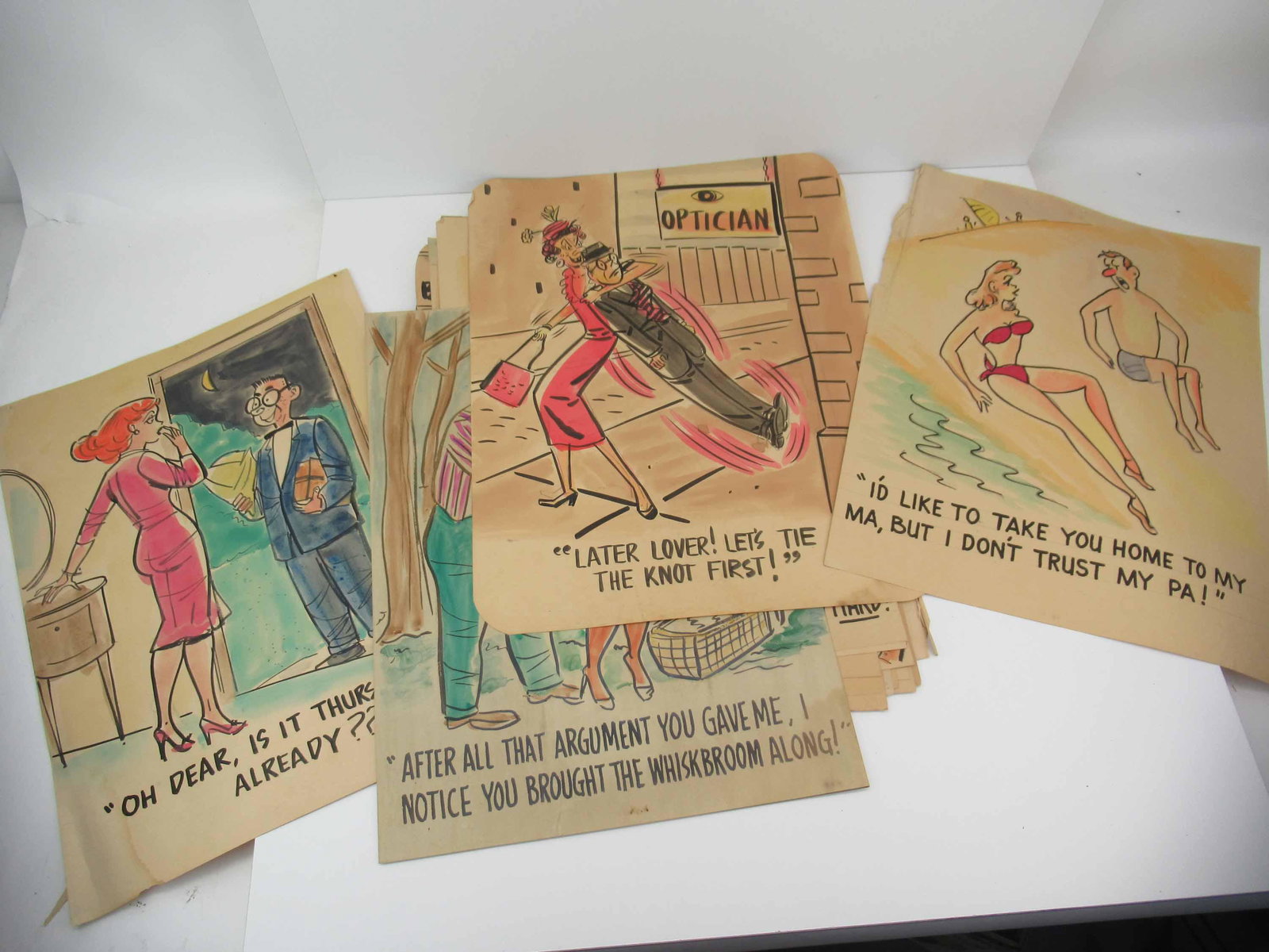 Group of 23 Assorted 1950s Satire Cartoons: Group of 23 Assorted 1950s Satire Cartoons. Used condition, wear, worn, tears, stains. Approx size 19" x 15"