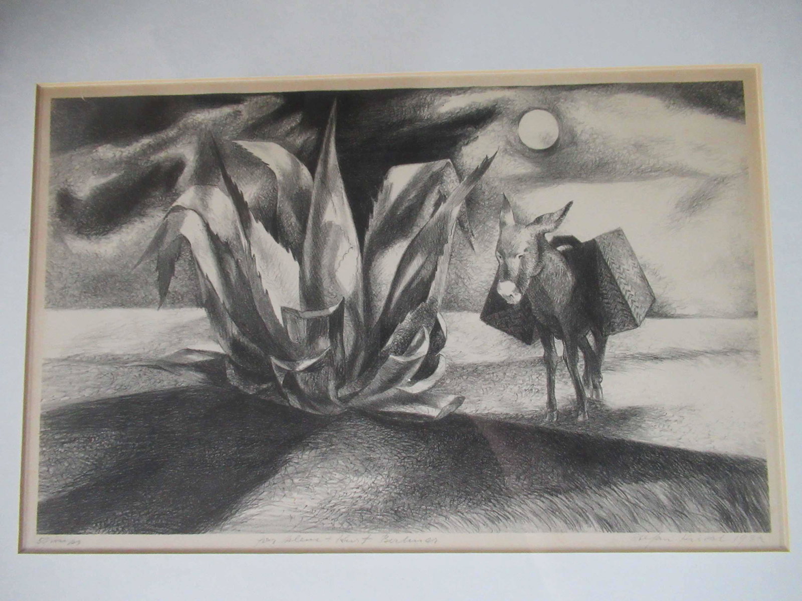 Black & White Print of Mule and Agave Plant: Vintage Black & White Print of Mule and Agave Plant, number 50 dedicated to For Helene + Kurt Berlinmer and signed Stefan Hirsch 1933. used condition, wear/worn; measures 14 1/2" tall x 19 3/4" wide