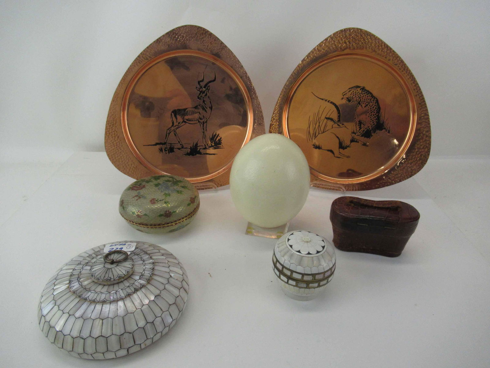 Lefils Paris Mother of Pearl Opera Glasses: French Lefils Paris Mother of Pearl Opera Glasses w/ Fitted Leather Case together with a mother of pearl wooden round box with lid, two hammered copper triangular plates with etched animals, an ostric