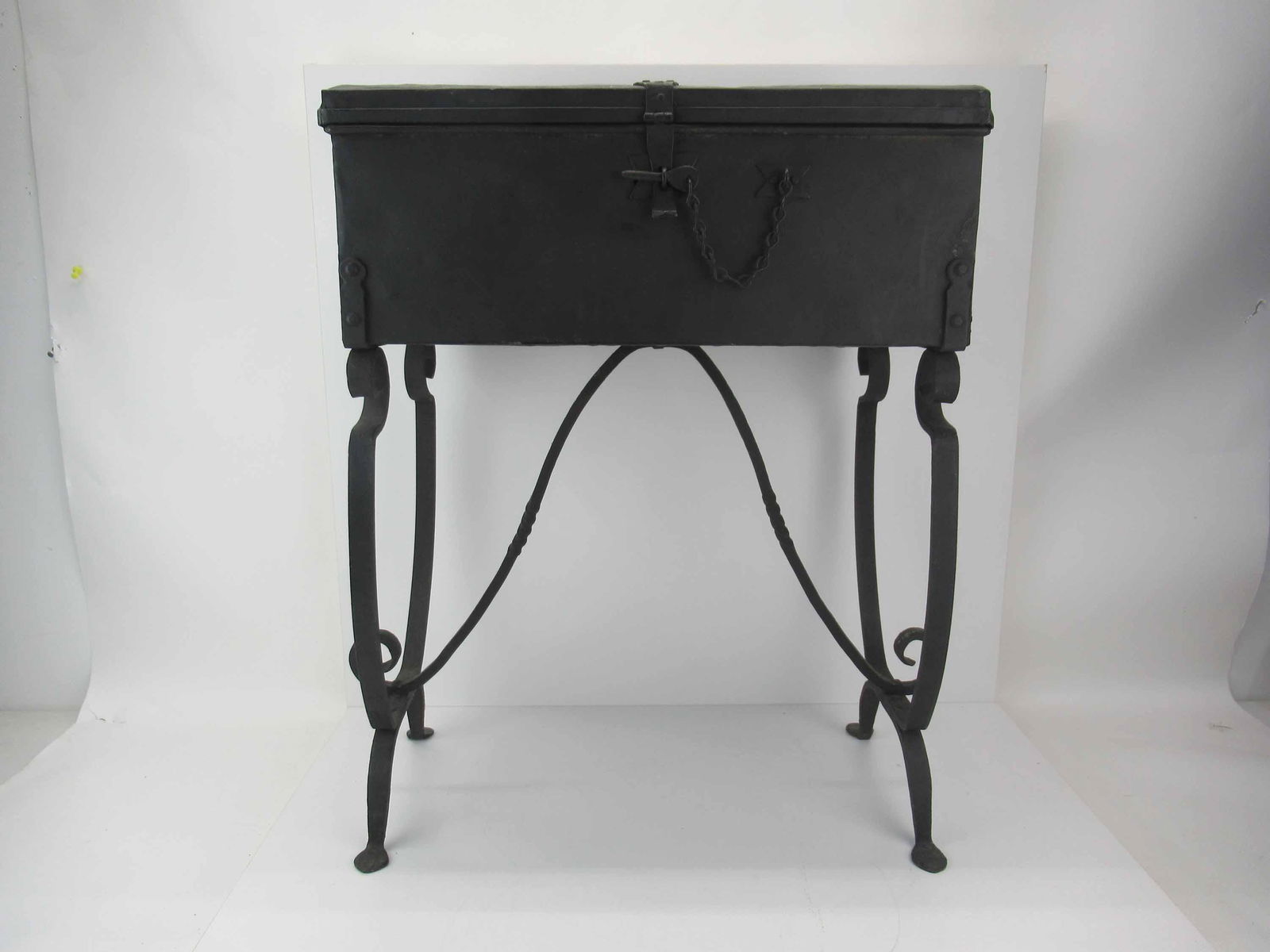 Black Painted Tinware Box Mounted On Iron Stand (1 of 8)