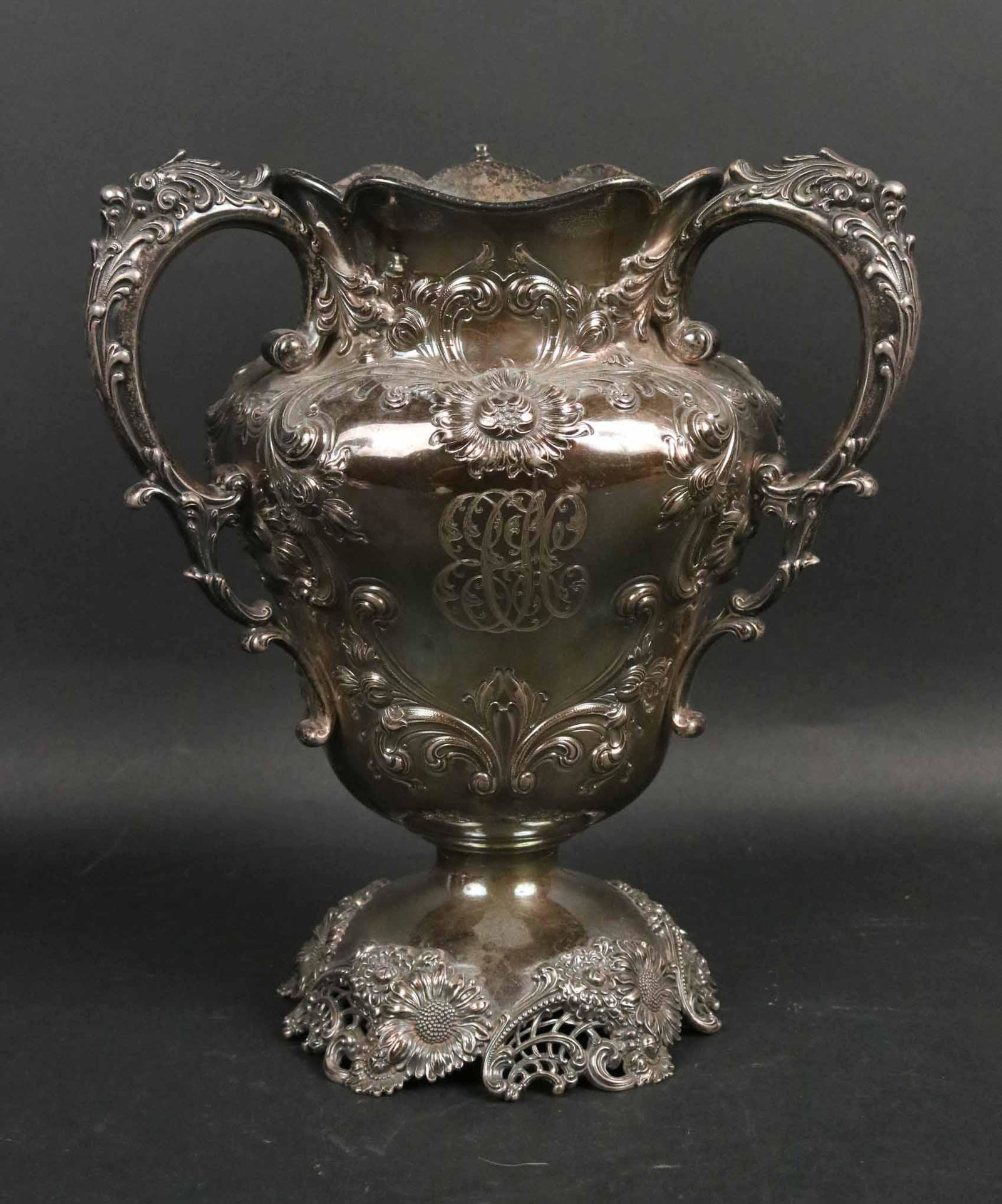 Theodore B. Starr 19th C Sterling Loving Cup: Presentation cup with engraving. 12"h, 7 pints, and apx. 59 t. o. Provenance: Property from the Estate of Margaret Hull Chalif