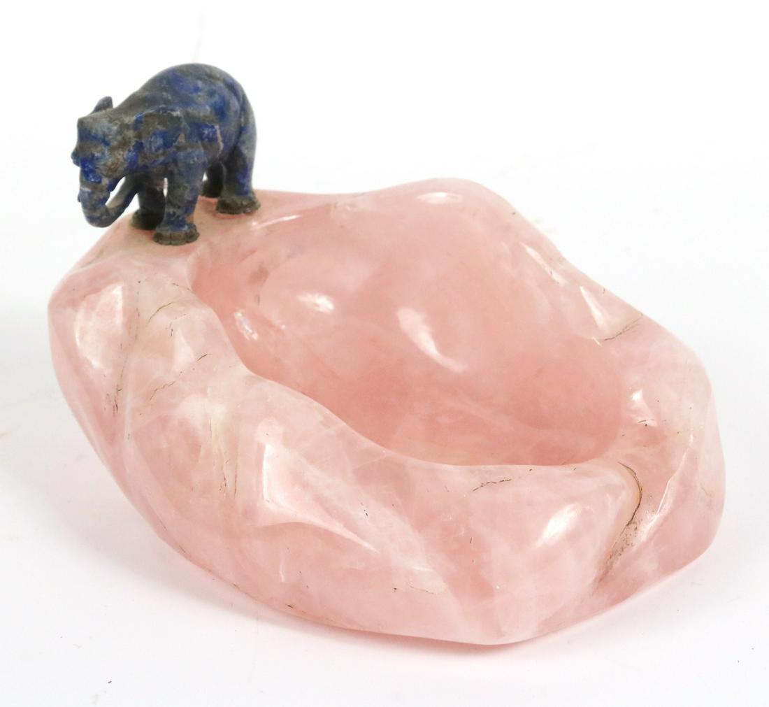 Lapis Lazuli Elephant and Rose Quartz Bowl: Mid Century. Cracks . 4'h x 8"w Provenance: Property from the Estate of Margaret Hull Chalif