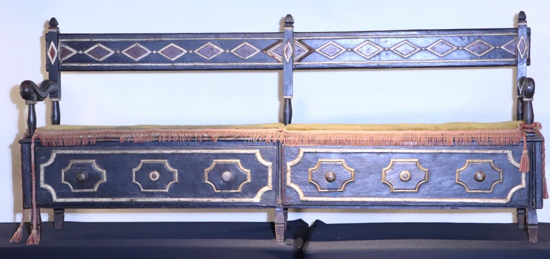 Painted Pine Settle: Portugese, 18th/19th C. with black and white paint. 39"h x 7'2"w x 18"d