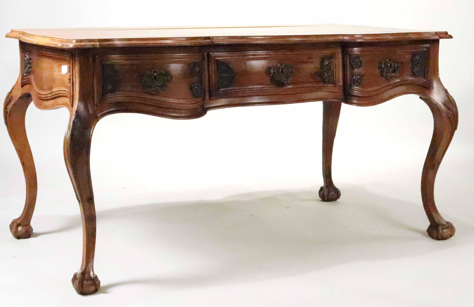 Rococo Style Carved Walnut Bureau Plat: Portuguese, 20th C. 31-1/2"h x 4'11"w x 32"d