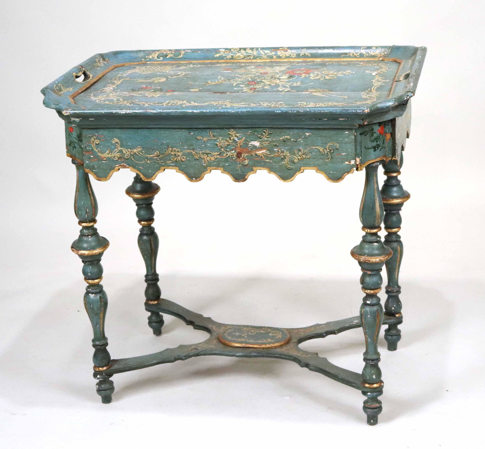 Baroque Style Painted Pine Tray on Stand: Venetian Taste, 20th C. 32"h x 32-1/2"w x 23"d
