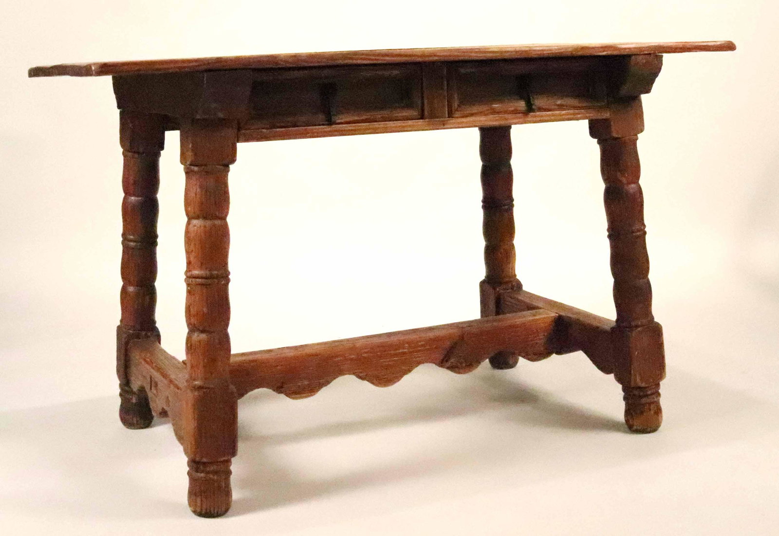 Baroque Style Pine Trestle Base Table: Portugese, 19th/20th C. 29-1/2"h x 47"w x 27"d