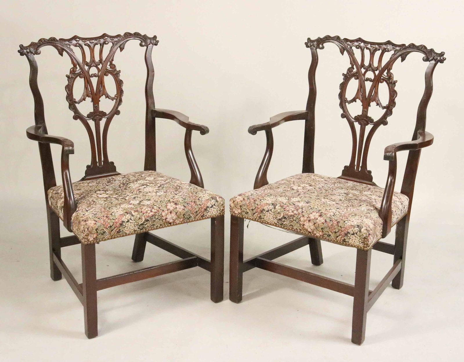 Pair George III Style Carved Mahogany Armchairs: 39-1/4"h