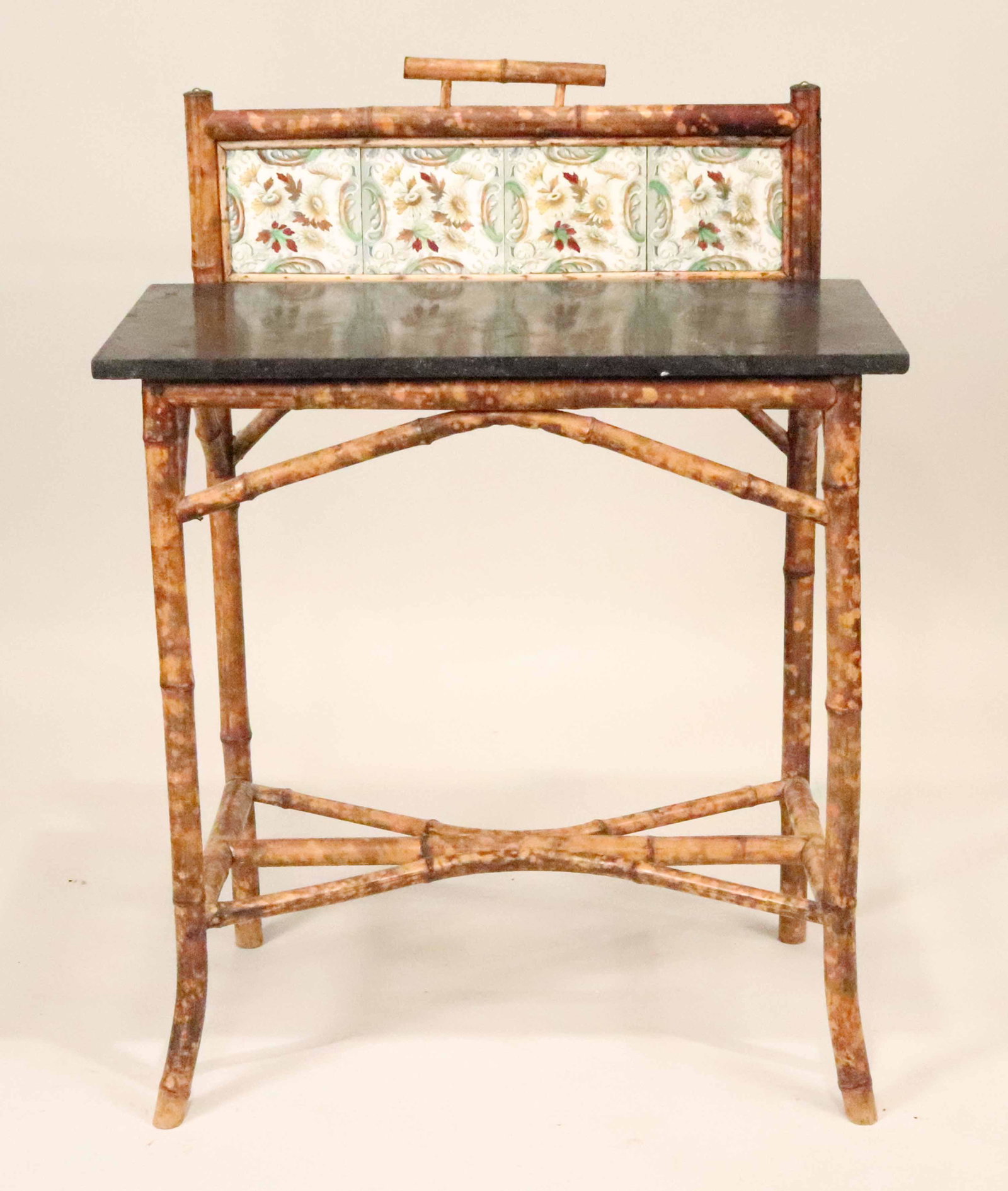 Porcelain Tile & Marble-Top Bamboo Basin Stand: American or English, 19th/20th C. 40"h x 30"w x 17"d