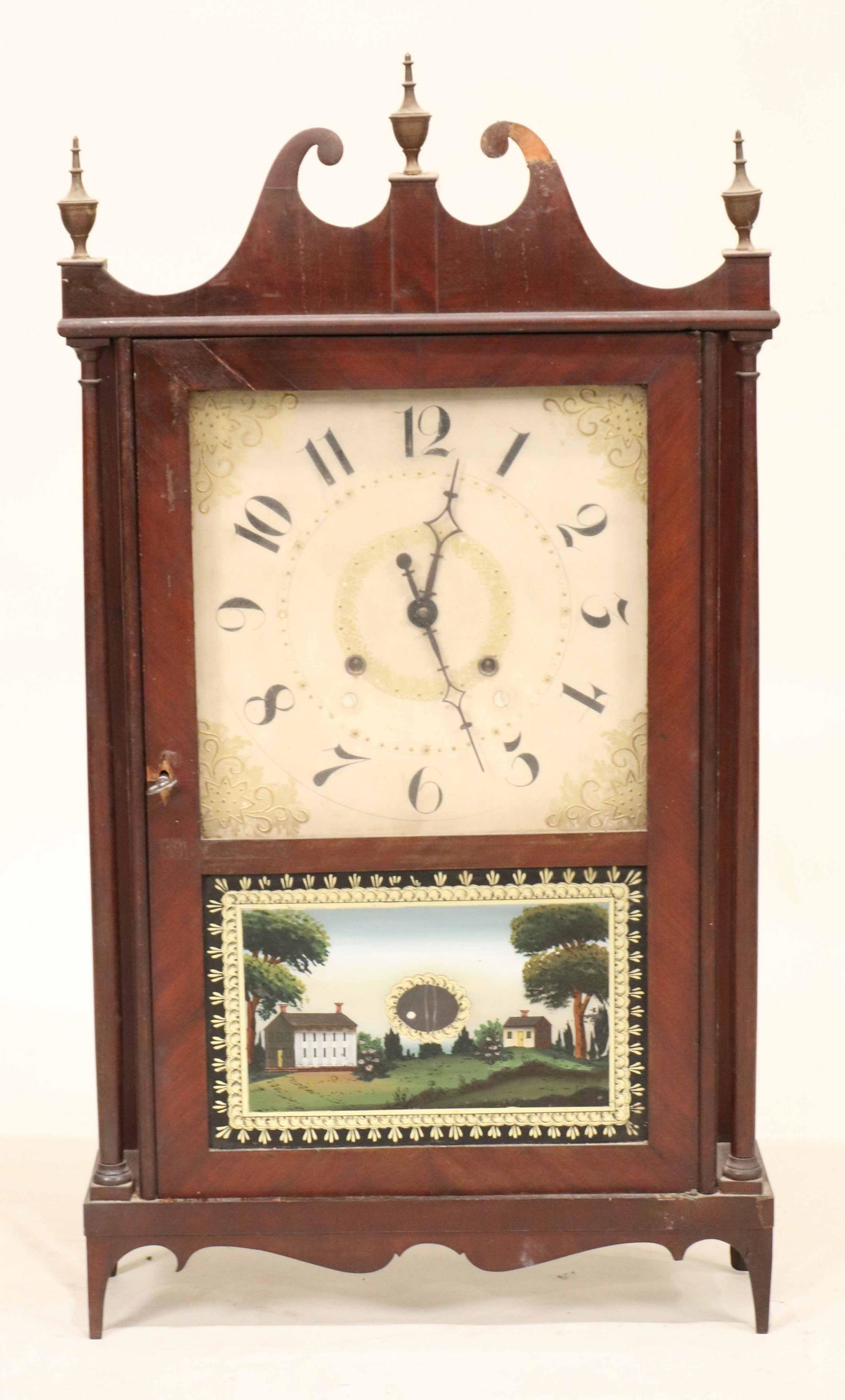 Federal Mahogany Pillar-and-Scroll Shelf Clock: Ephraim Downs, Bristol, CT. 19th C. 30-1/2"h x 16-1/2"w x 4-1/2"d Provenance: Property from the Estate of Margaret Hull Chalif