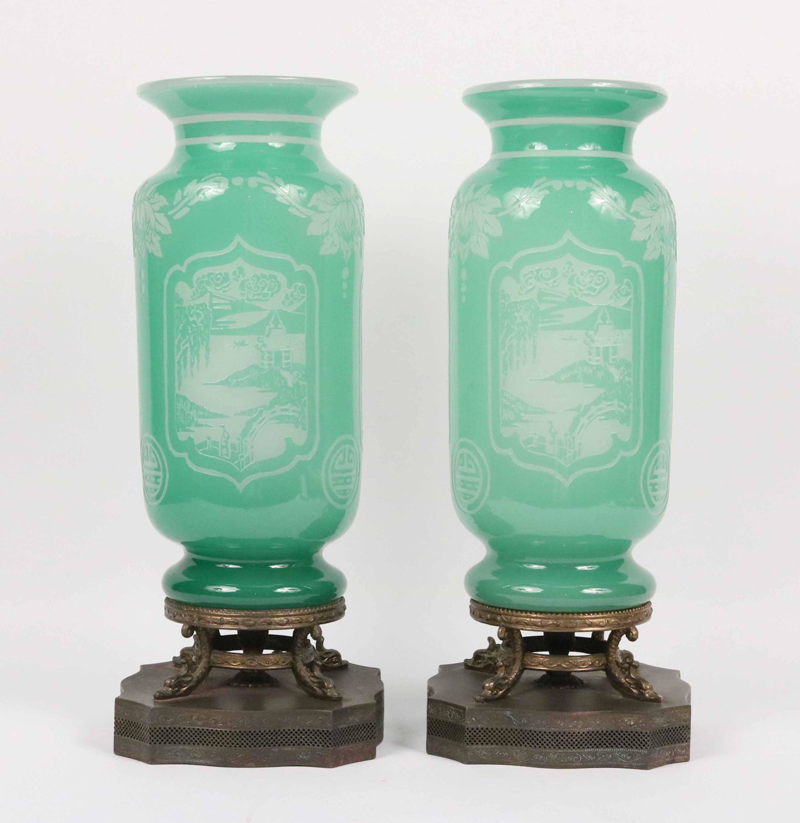 Pair of Steuben Acid Cut and Cameo Glass Vases: Green and opalescent glass, with Chinoiserie decoration, now fitted as lamps. 15-3/4"h overall
