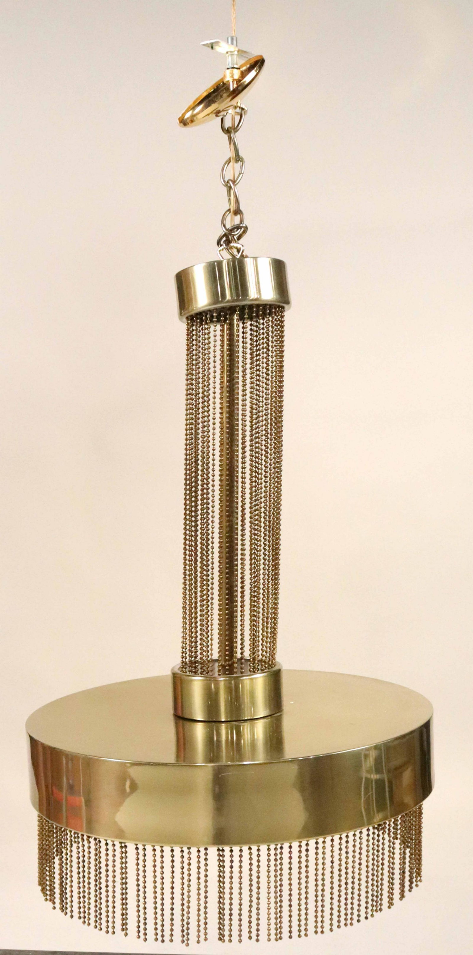 Pierre Cardin Beaded Brass Pendant Light Fixture: c. 1970, with maker's label on side. 40"h x 20"dia.