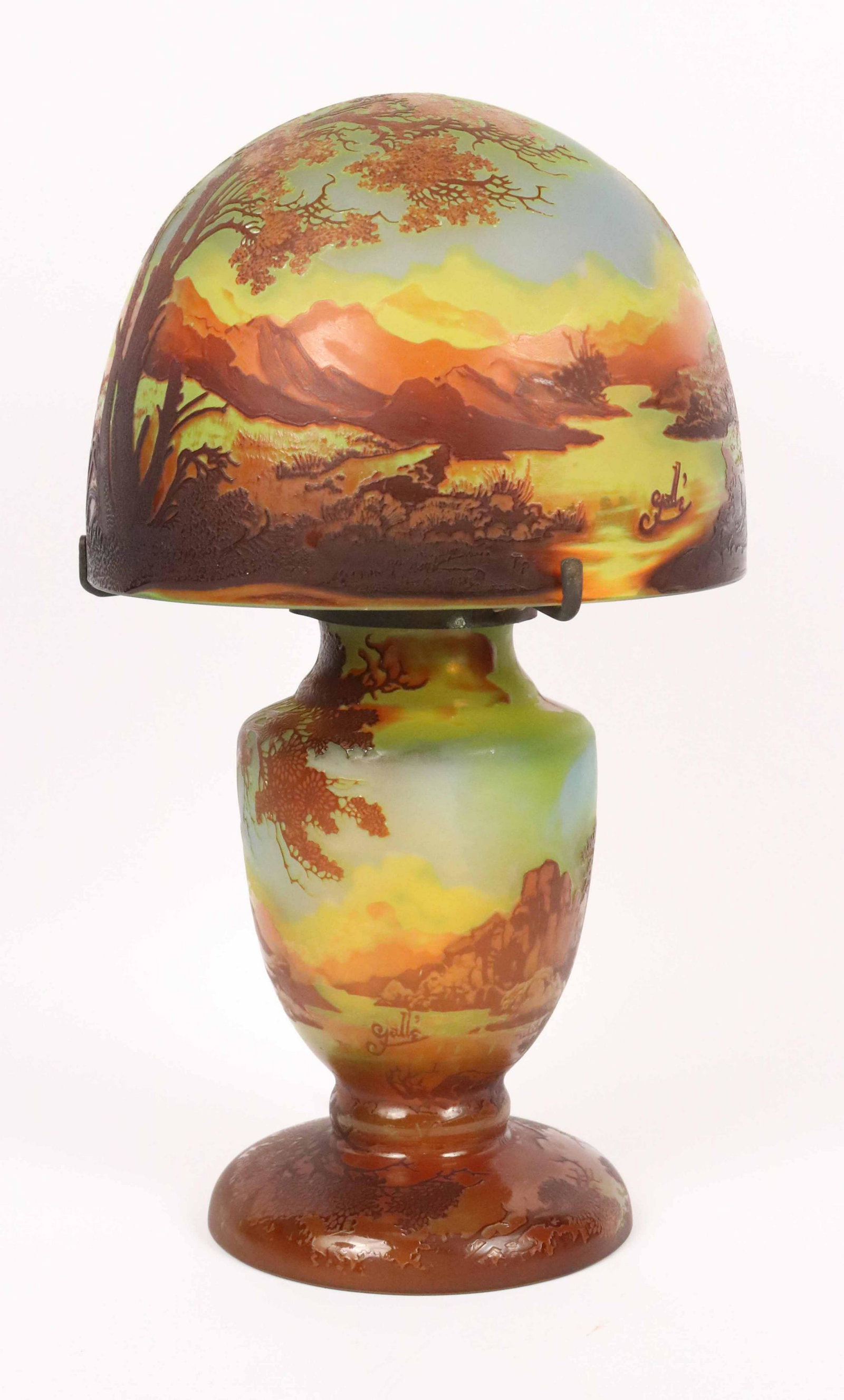 Art Nouveau Style Galle Cameo Glass Table Lamp: Signed Galle on shade and base. 16"h