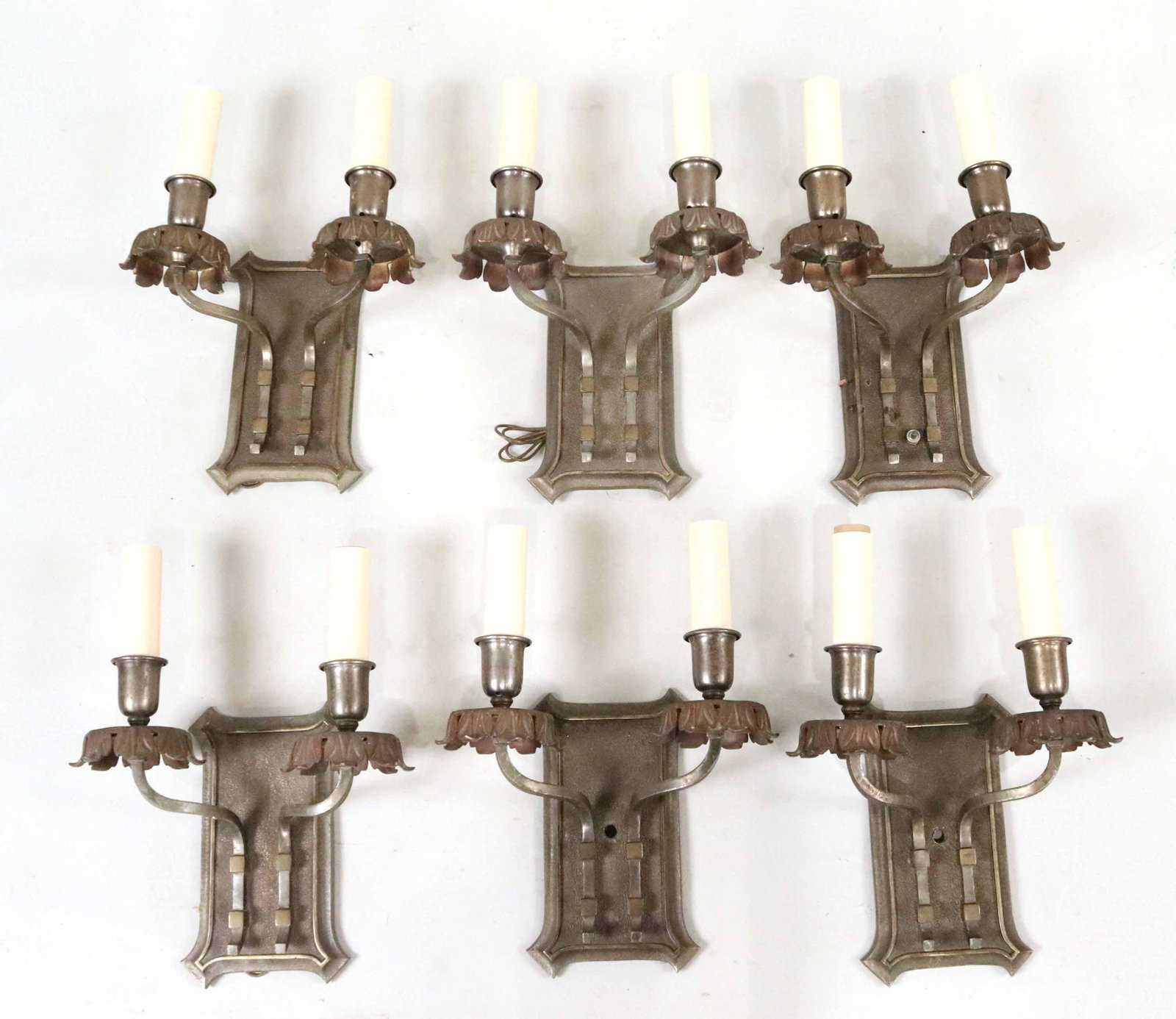 Three Pairs Patinated Bronze 2-Light Wall Sconces: Stamped illegibly, "Phila?" verso. 14"h x 11"w