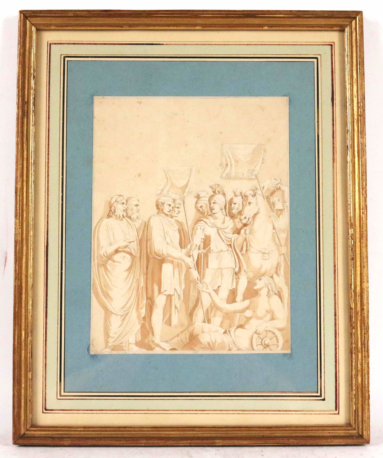 Pen, Ink, and Wash on Paper, Allegory Scene: Allegorical procession with Classical figures and horses, possibly signed l.l. (Jacques-Louis) David (French, 1748-1825) Work: 10-3/4"h x 8-1/4"w Overall: 18"h x 14-5/8"w Provenance. Property from a P