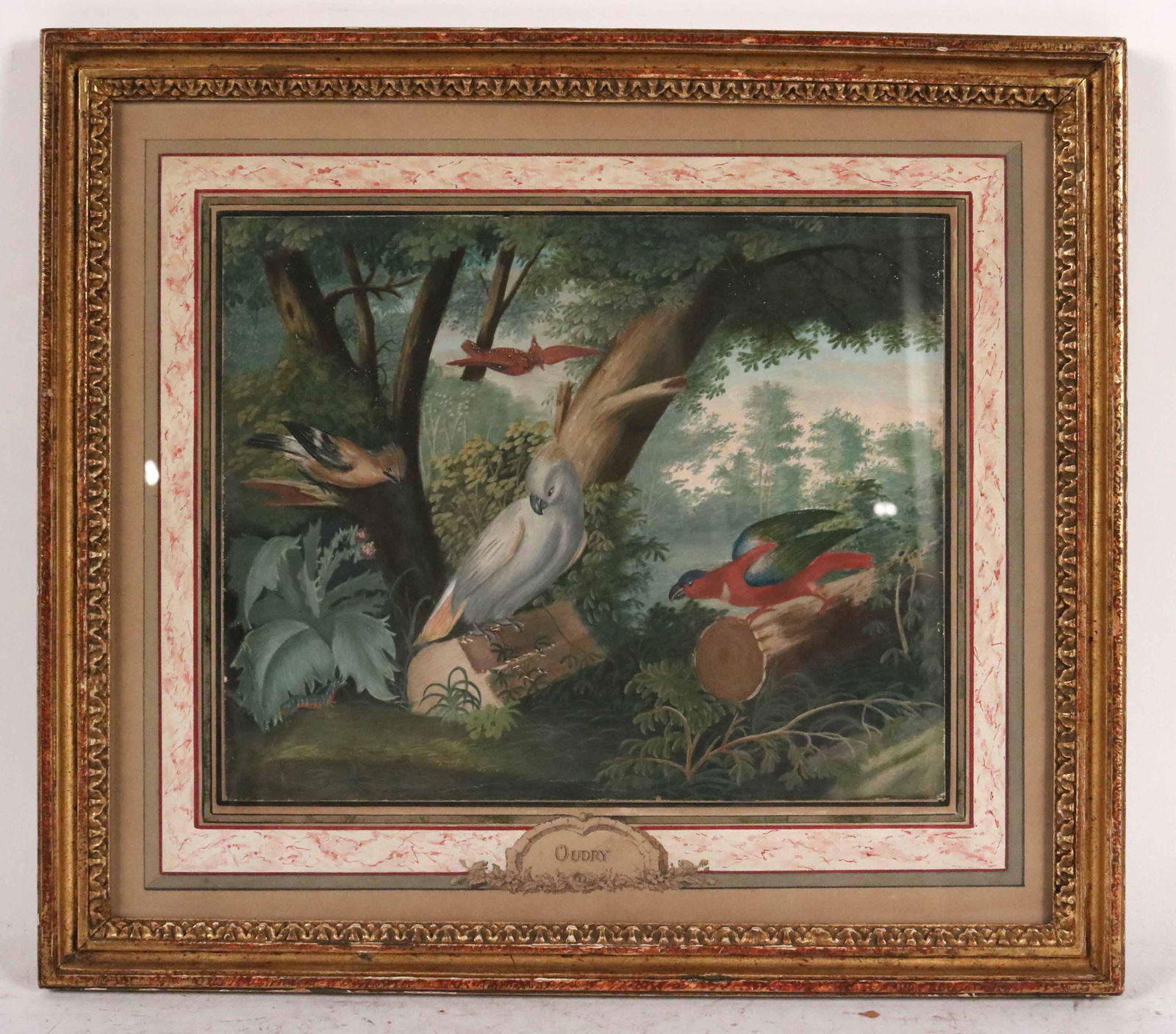 Gouache on Paper, Birds in a Landscape: Attributed to Jean-Baptiste Oudry (French, 1686-1755) or one of his contemporaries, 17th/18th C. Work: 8-3/8"h x 10-3/8"w Overall: 13-3/4"h x 15-1/2"w Provenance. Property from a Private East Coast Co