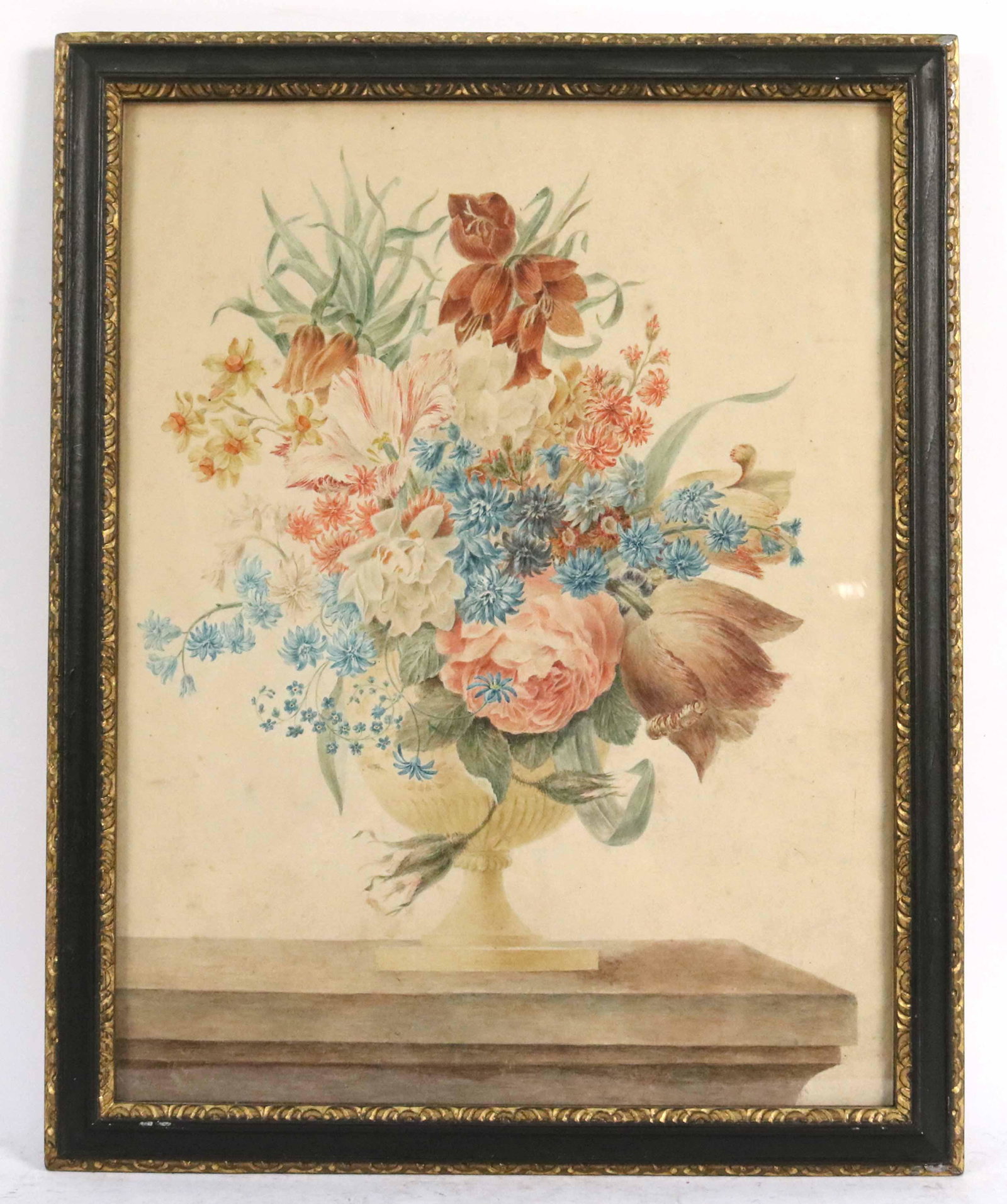 Watercolor on Paper, Floral Still Life: Dutch or French School, 18th C. Sight size: 16-3/4"h x 12-3/4"w Overall: 19-1/8"h x 15-1/4"w Provenance. Property from a Private East Coast Collection