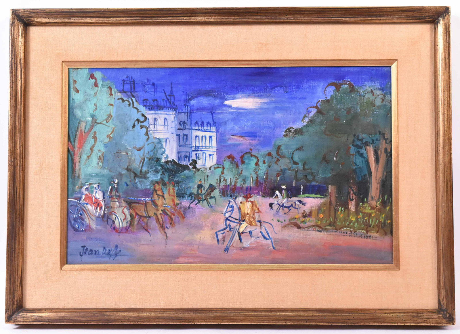 Oil on Paper, Street Scene, After Jean Dufy: (French, 1888-1964) on Canvas, titled "Cavaliers Dans Le Parc" bears signature "Jean Dufy" l.l. Sight size: 13-1/4"h x 22-1/2"w