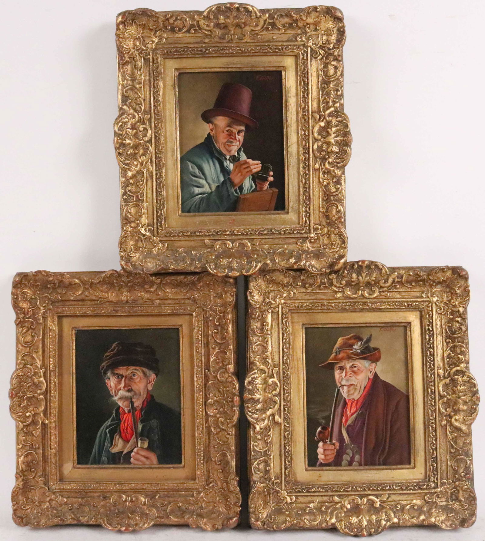 Three Oil on Board Portraits of Old Men, Wolfle: F.X. Wolfle (German, 1887-1972) each signed u.r. "FX Wolfle" one similarly stamped on verso. Each:6-3/4"h x 5"w Overall: 13-1/4"h x 11-1/4"w Provenance: Property from the Estate of Dr. Samy Iosub