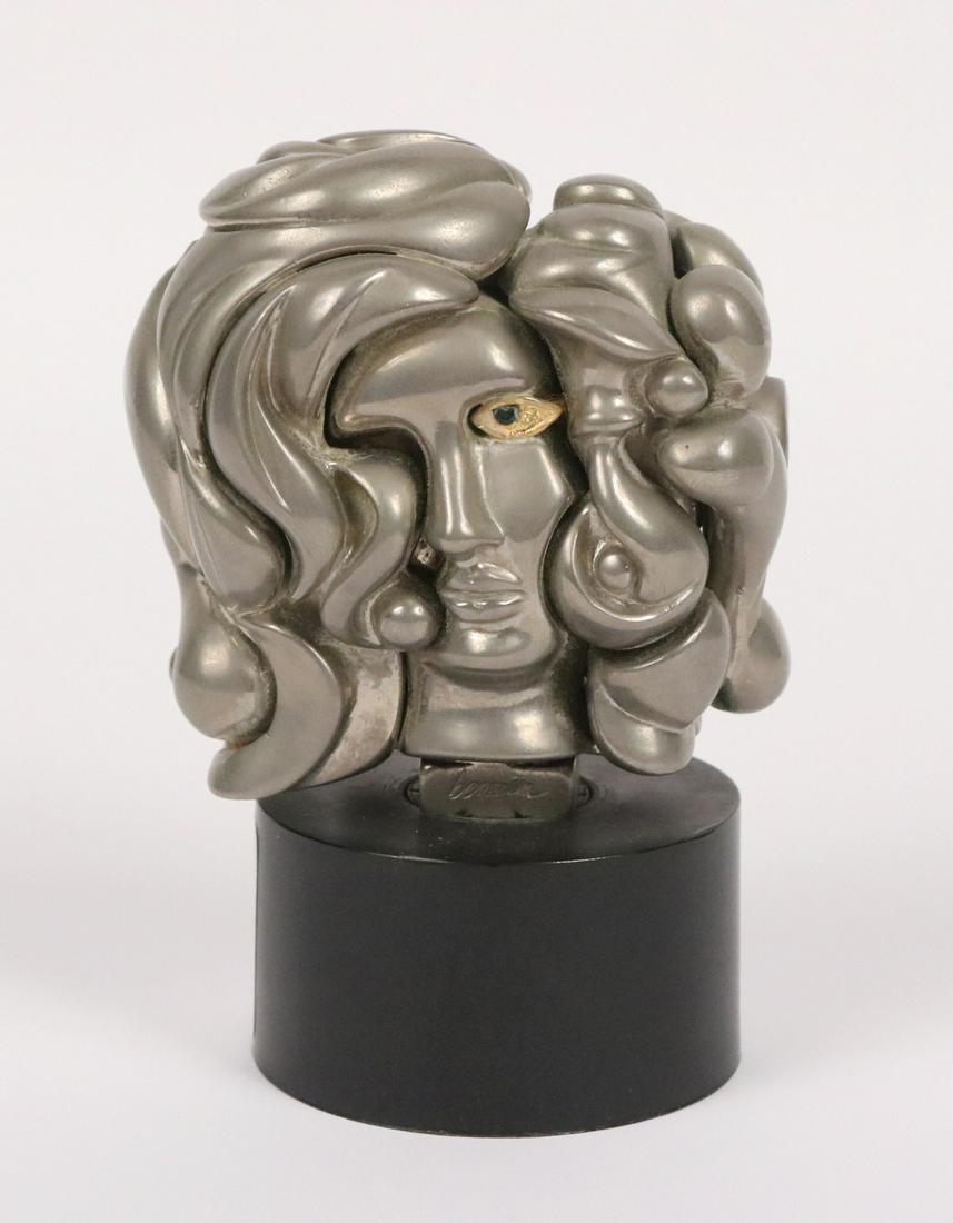 Nickel Silver & Bronze Sculpture, Miguel Berrocal: Miguel Ortiz Berrocal, "Portrait de Michelle" nickel silver and welded bronze sculpture, marked Berrocal, 1969, also stamped 7640. Overall: 4"h