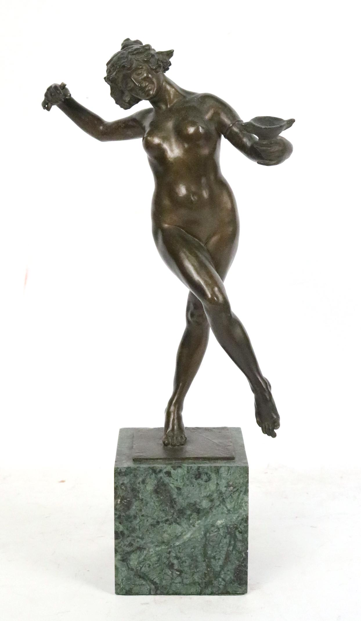 Cast Bronze Sculpture, Priestess of Bacchus: Or Baccantes, signed L. de Lucy(?). Staff broken, fitted on a green marble base. Overall: 16-1/2"h x 4"w x 4"d Provenance: Property from the Estate of Dr. Samy Iosub