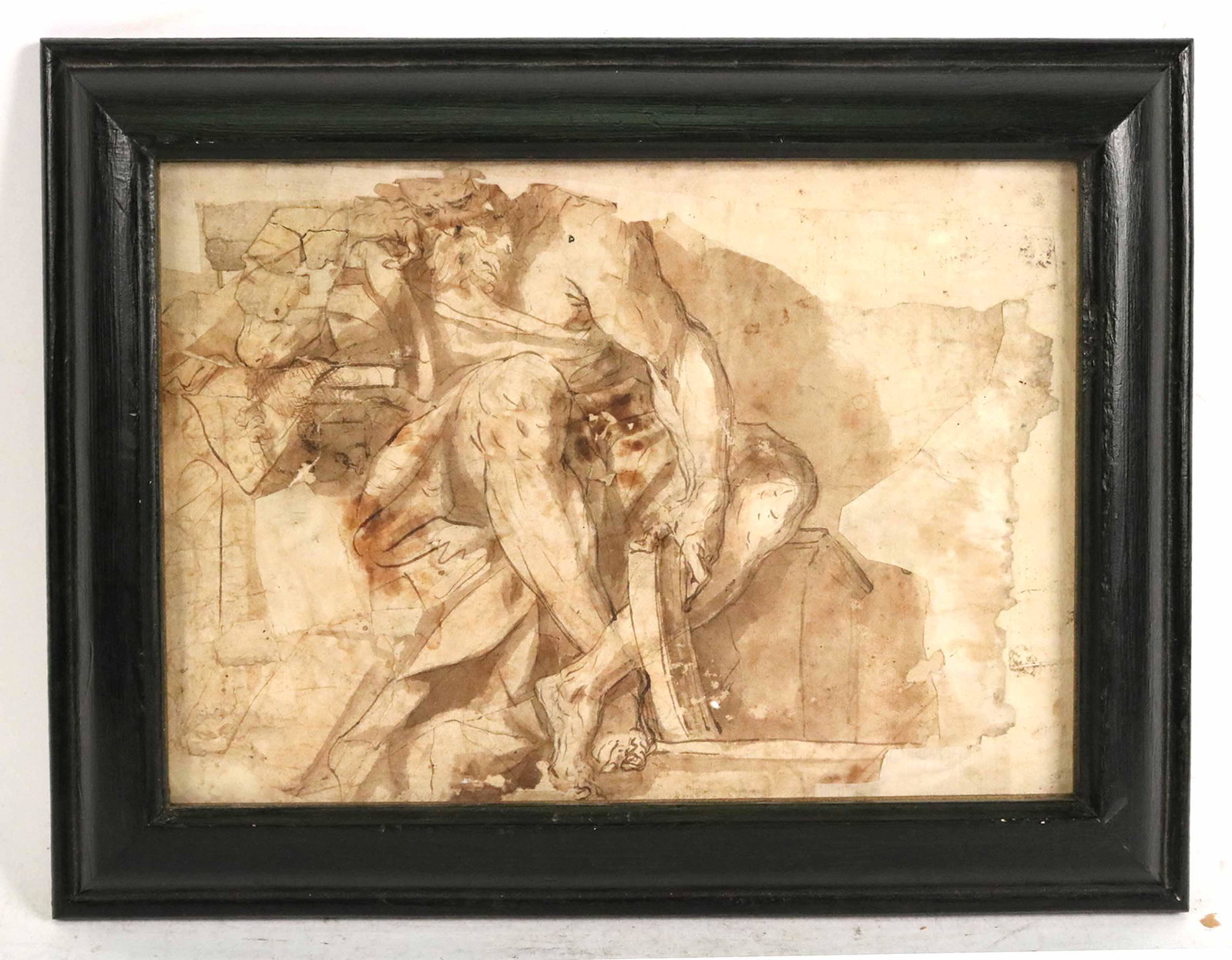 Old Master Pen, Ink, & Wash on Paper, Guido Reni: Double sided sketch, one side with seated figure of male, the other side with figure's head, one side bears signature Guido Reni (Italian, 1575-1642) early 17th C. Losses and discoloration Sight size: